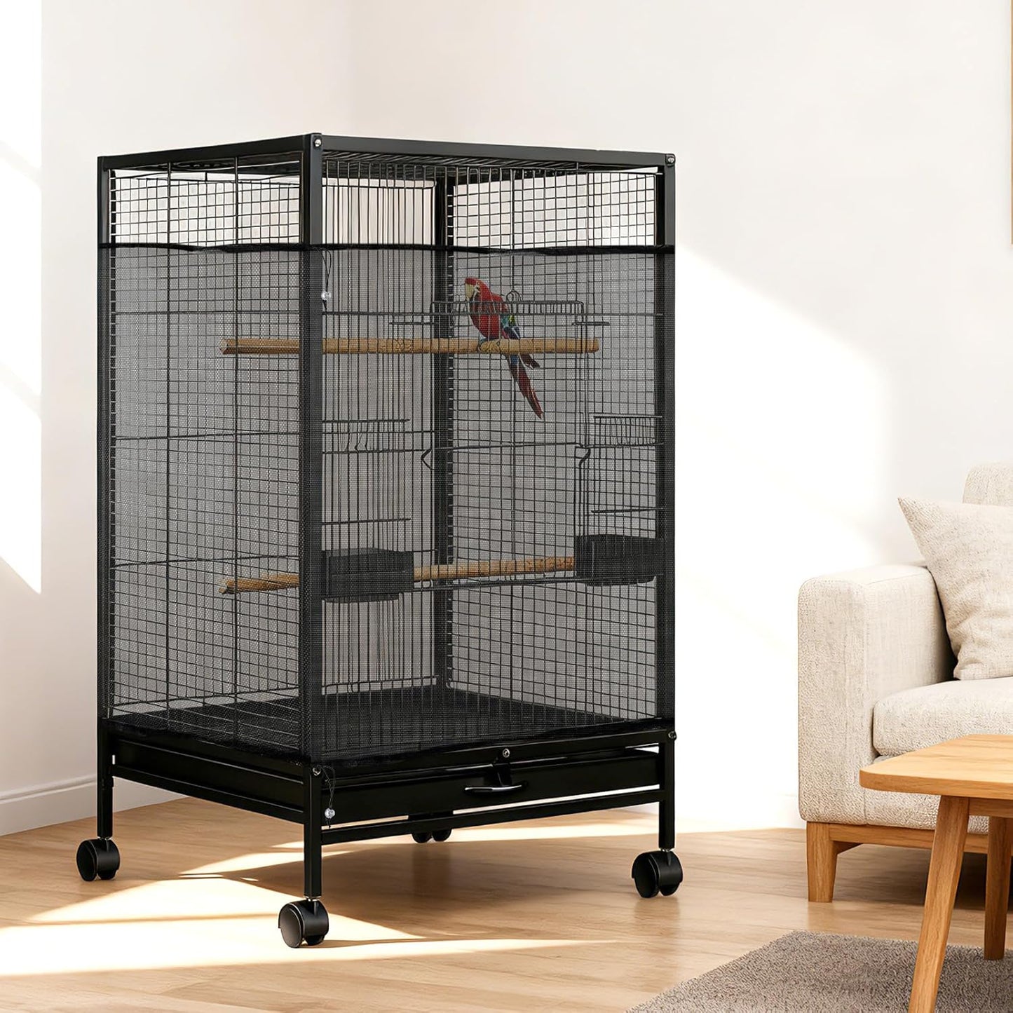 1 Pc Large Bird Cage Seed Cather, Bird Cage Cover 31 X 118 Inches Adjustable Birds Cages Skirt, Elastic Band Mesh Cages Cover for Parrot Seed Guard