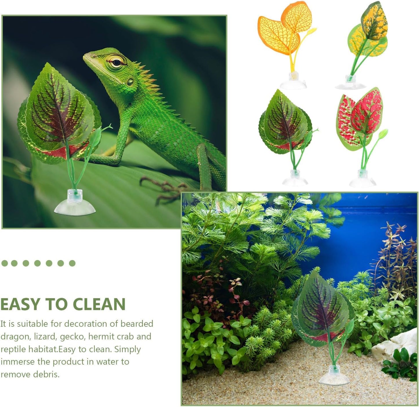 4Pcs Artificial Reptile Plants and Plastic Leaves Decor for Terrarium Habitat Landscaping, Natural Style Decorative Leaves for Turtle, Lizard, Snake Enclosures