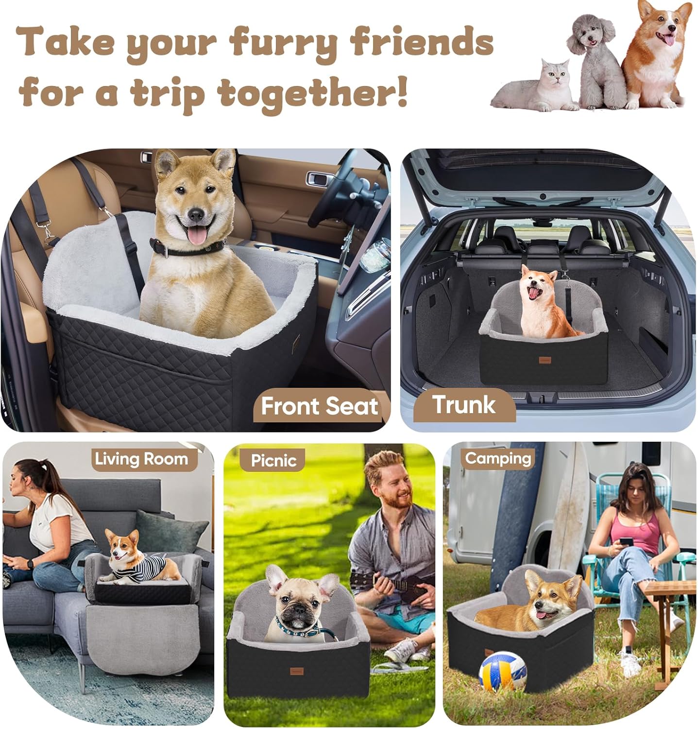 Dog Car Seats for Small Dogs, Detachable Dog Booster Car Seat with Storage Pockets Safety Belt, Pet Booster Cushion for Medium Dogs, Foldable Pet Sofa Cushion & Travel Bed