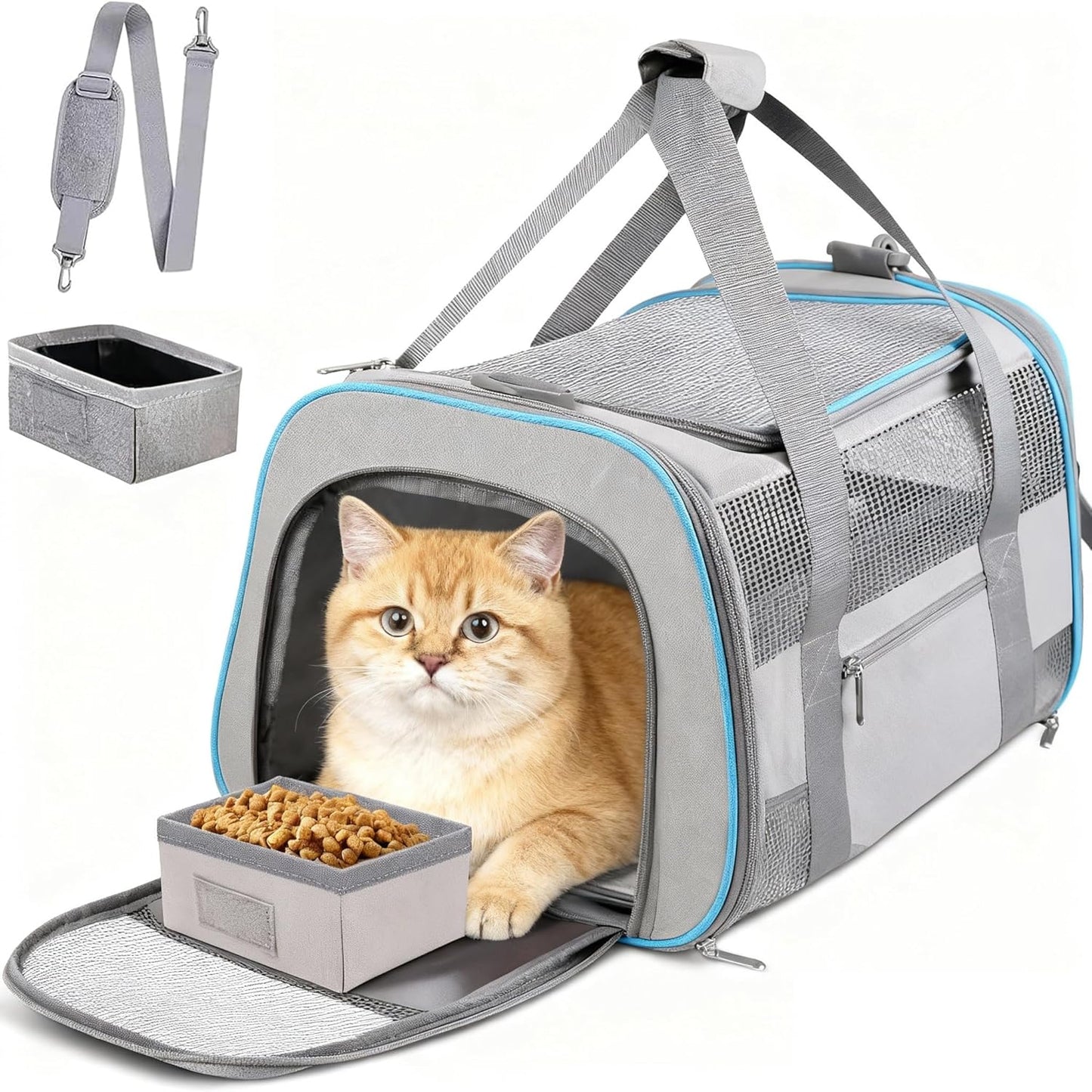 20" Large Soft Sided Cat Carrier Pet Carrier for Cats Dogs Under 25 lbs, Folding Dog Carrier Cat Carrier for 2 Cats Travel Carrier Bag, Light Grey