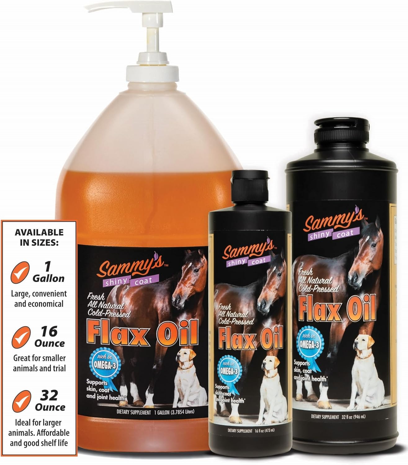 Sammy's Shiny Coat Flax Oil for Horses, Pure Flaxseed Oil for Horse, Rich in Omega-3 Fatty Acids, Flax Oil Horse Supplement for Skin and Coat, Immune, Cardio and Joint Support, 1 Gallon with Free Pump