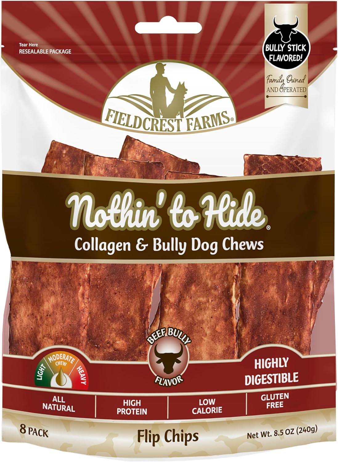 Fieldcrest Farms Nothin to Hide Flip Chips Dog Chews - Natural Rawhide Alternative Treats for Dogs, Collagen Based Snack for Moderate Chewers Up to 35lbs, Bully Flavor
