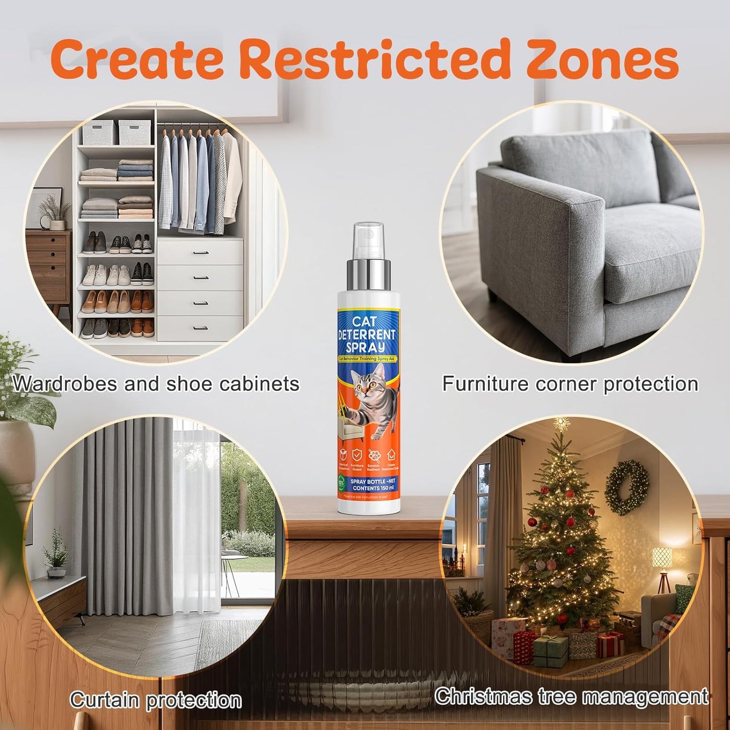 Cat Deterrent Spray for Indoor and Outdoor, Cat Scratch Deterrent for Furniture Protection, Cats Behavior Training Aid, with Natural Ingredients