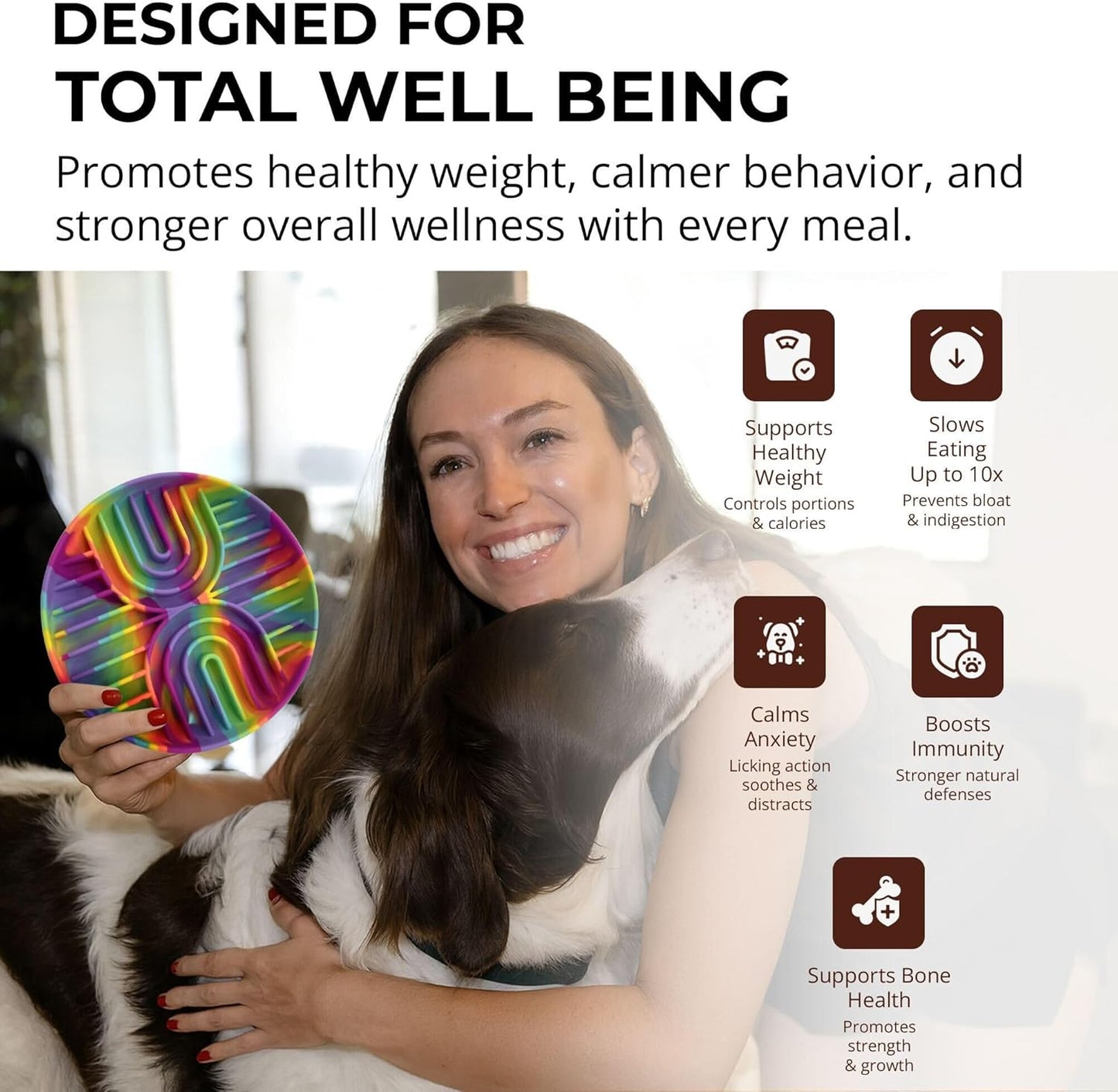 Slow Feeder Dog Bowls, Dishwasher Safe, Non-Slip Base, BPA-Free Slow Eating Dog Bowl (Rainbow, 1-Pack)