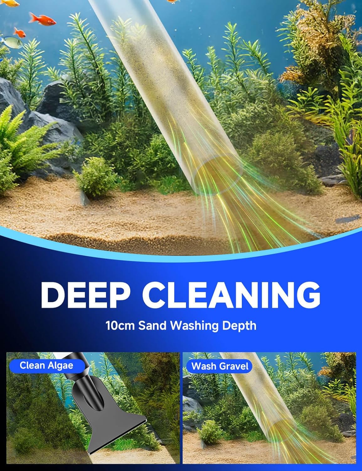 VIPASKA Electric Aquarium Gravel Cleaner Kit with High Pressure Strong Suction, 6-in-1 Multifunction Fish Tank Vacuum Cleaner and Water Changer for Aquarium, Gravel Vacuum with Sand Filter Tools