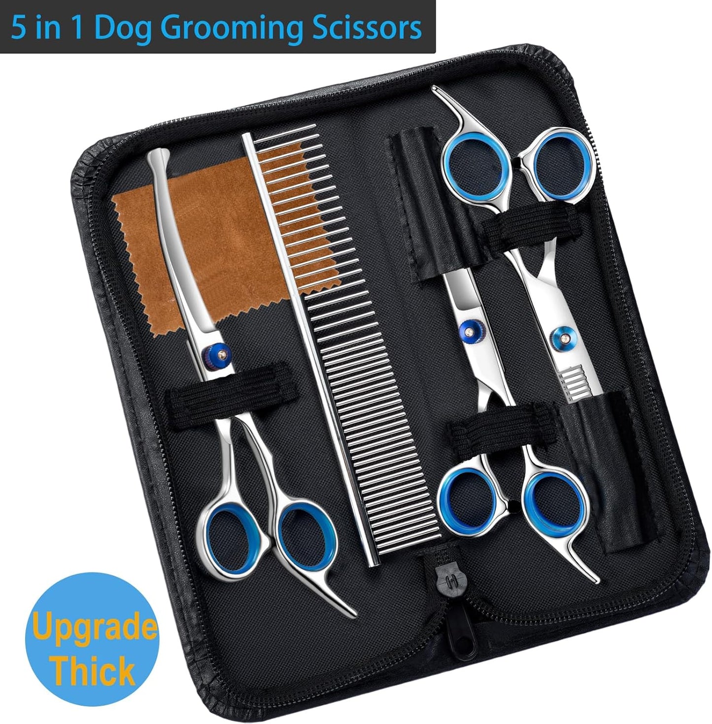 5 in 1 Upgraded Thicken Dog Grooming Scissors, Professional Dog Scissors for Grooming with Safety Round Tips, Lengnoyp Stainless Steel Thinning Shears, Pet Cat Shears for Grooming Kit