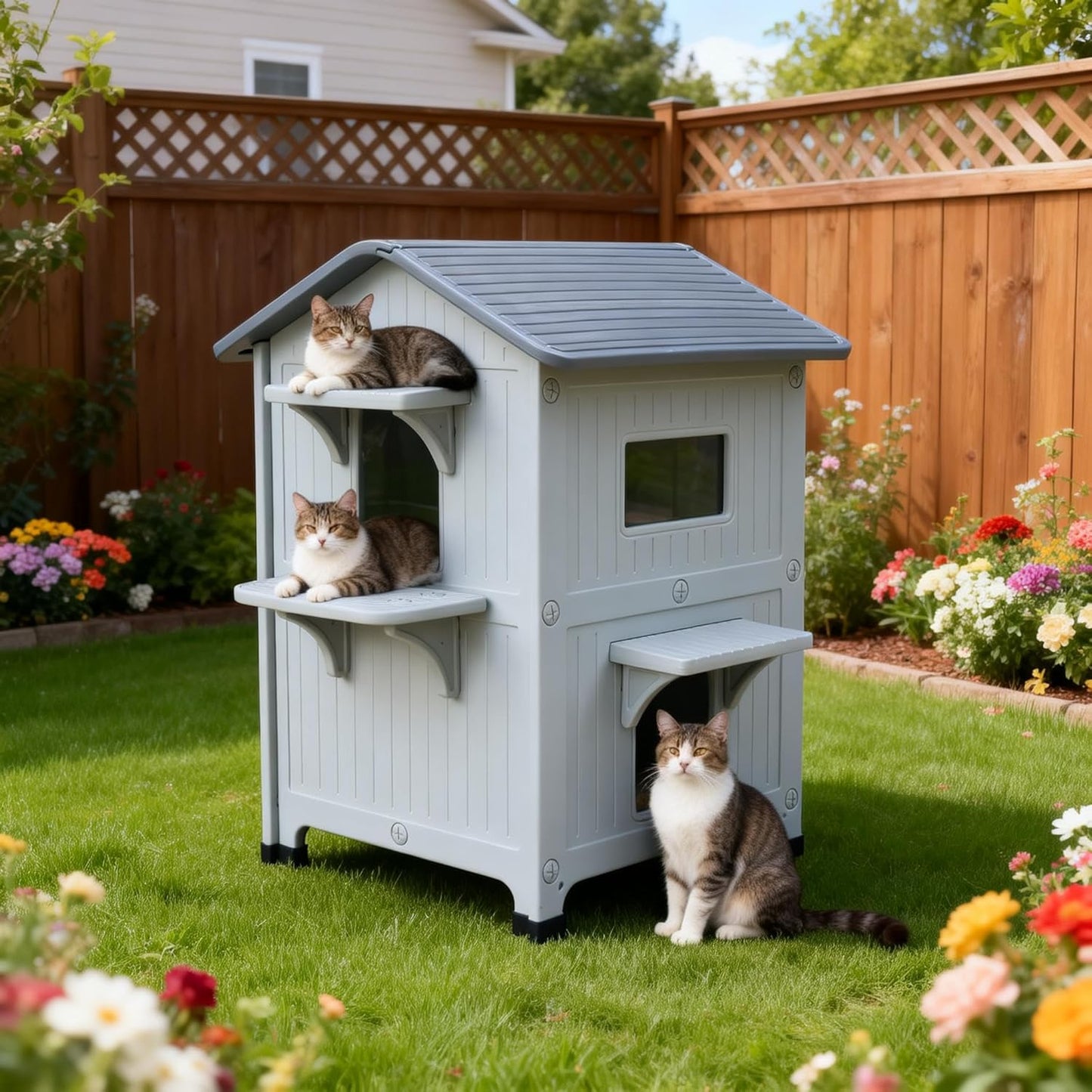 Weatherproof Heated Outdoor Cat House for Feral Cat, 2 Storey Elevated Plastic Insulated Cat Shelter with Escape Door, Expansive Interior Grey 34" D x 21" W x 21.5" H