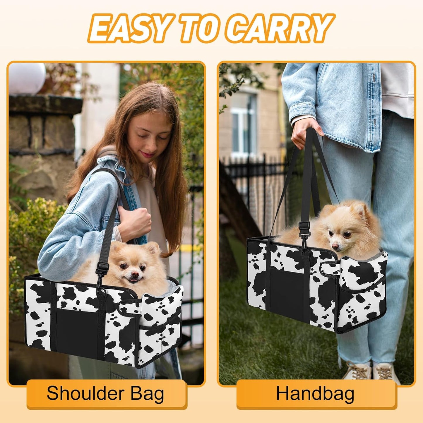 Portable Dog Car Seat for Small Dogs - Adjustable Safety Leash, Washable Cushion & Storage Pocket - Pet Booster Seat for Car Travel- Cow Pattern
