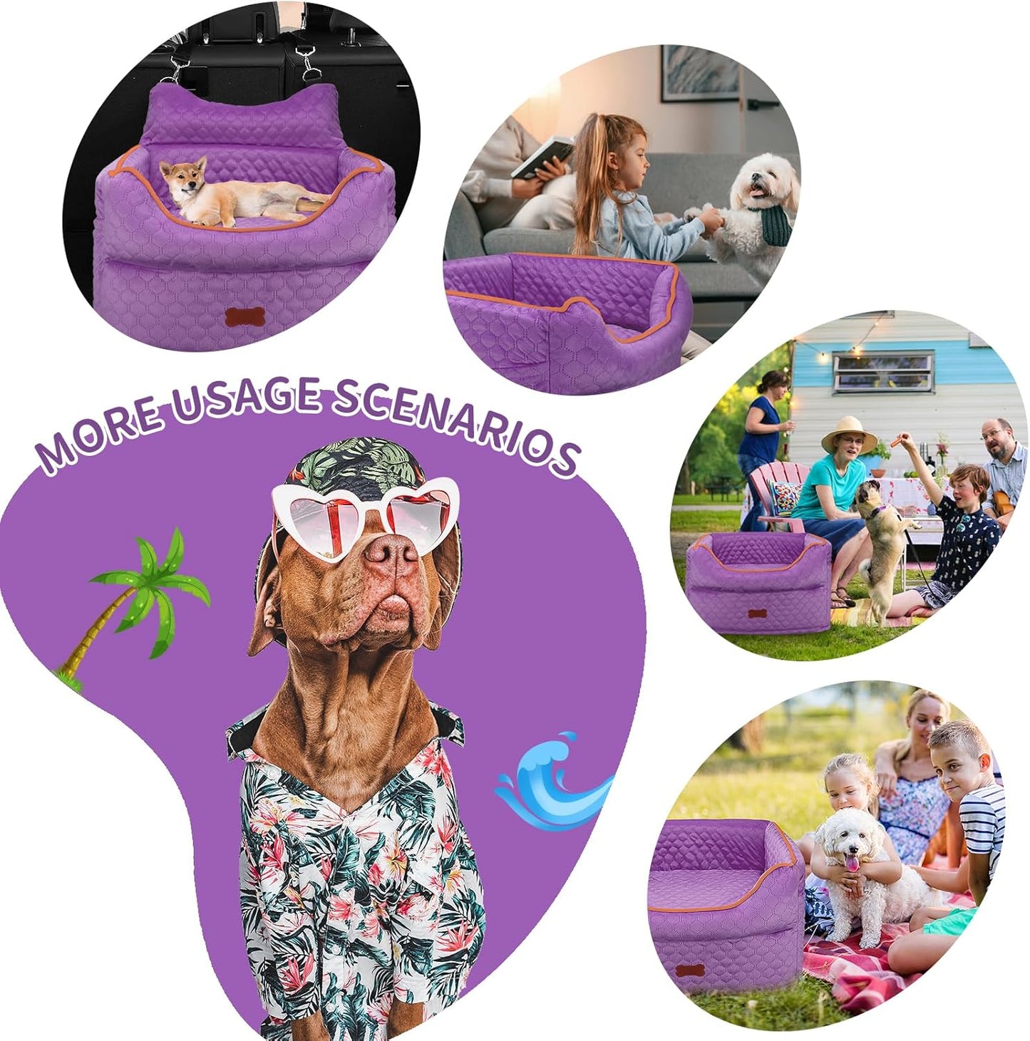 Dog Car Seat - Memory Foam Dog Booster Seat for Small Dogs Up to 25lbs-Elevated Pet Car Seat with Storage Pockets and Dog Seat Belt-Soft Pet Travel Bed for Front & Back Seats-Removable Washable-Purple