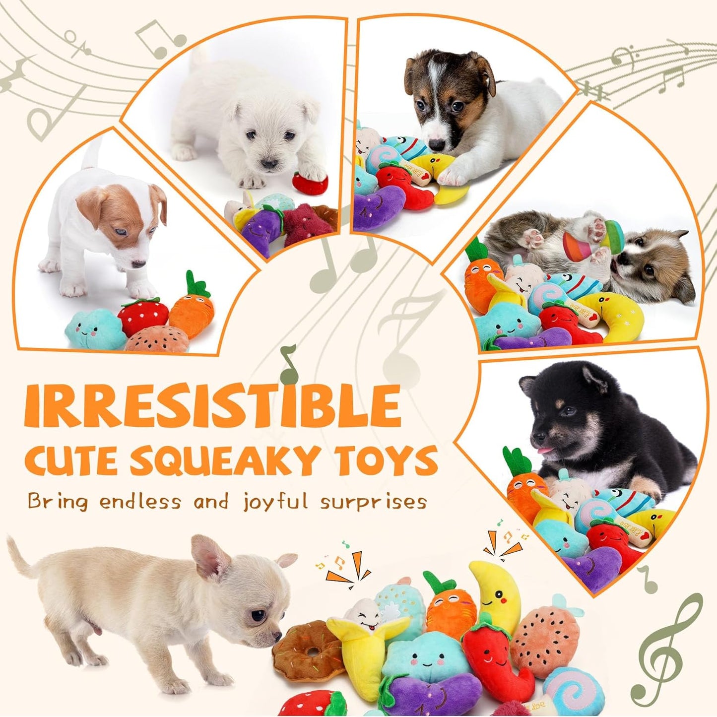 Cheerful 20-Pack Squeaky Dog Toys Set - Included 4 Dog Bags, Plush Puppy Toys with Irresistibly Cute Characters for Small Dogs, Interactive Dog Squeak Toys for Fun&Teeth Cleaning