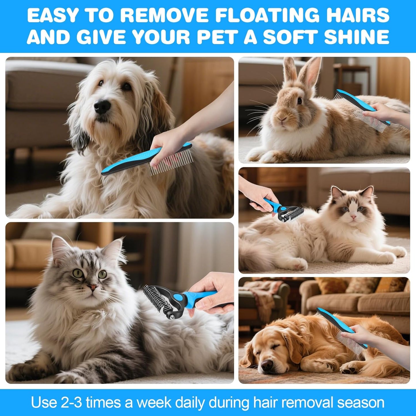 2-in-1 Pet Grooming Kit-Double-Sided Dematting Comb & Flea Comb for Detangling Matted Fur on Dogs/Cats/Rabbits-Effective Cat Brush & Dog Brush for Shedding(Blue