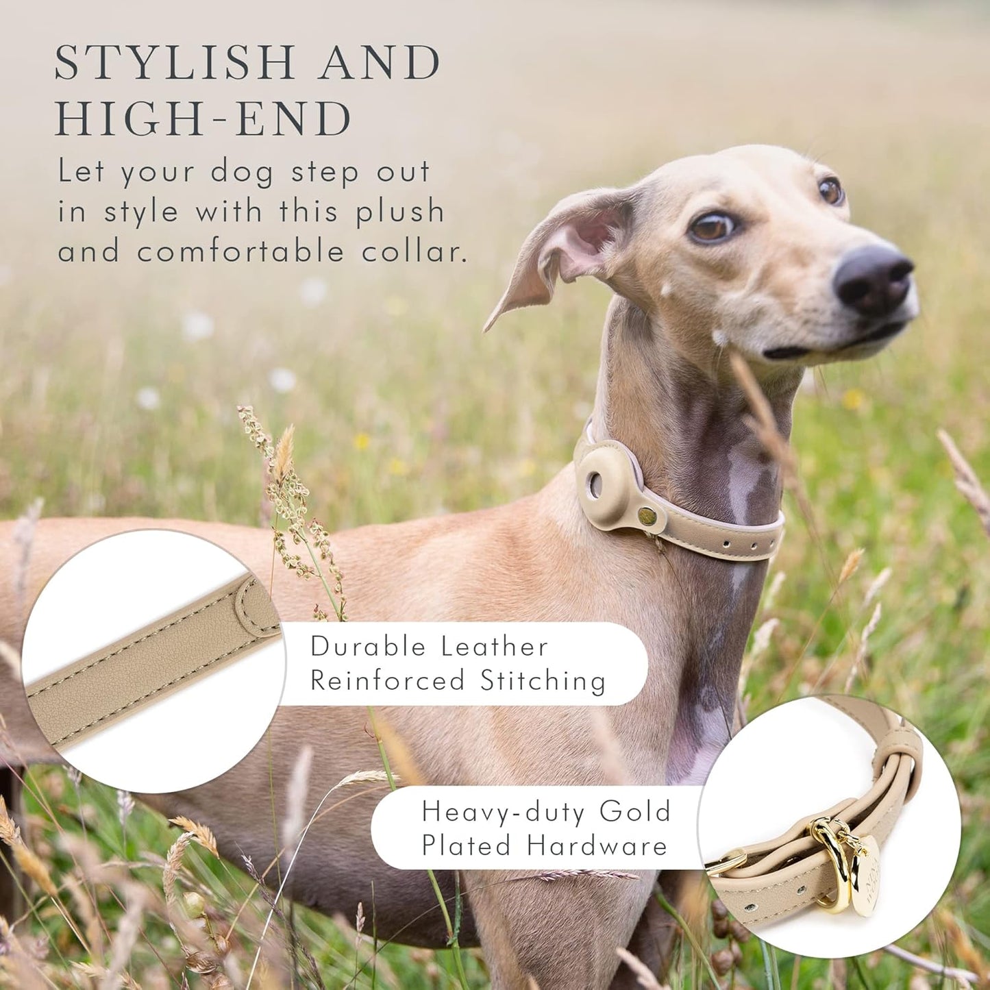NINA WOOF Cupertino Dog Collars, Harnesses & Leashes Made from Vegan Leather with Dog Tracker Device Holder Adjustable Dog Collar (Extra Small, Beige)