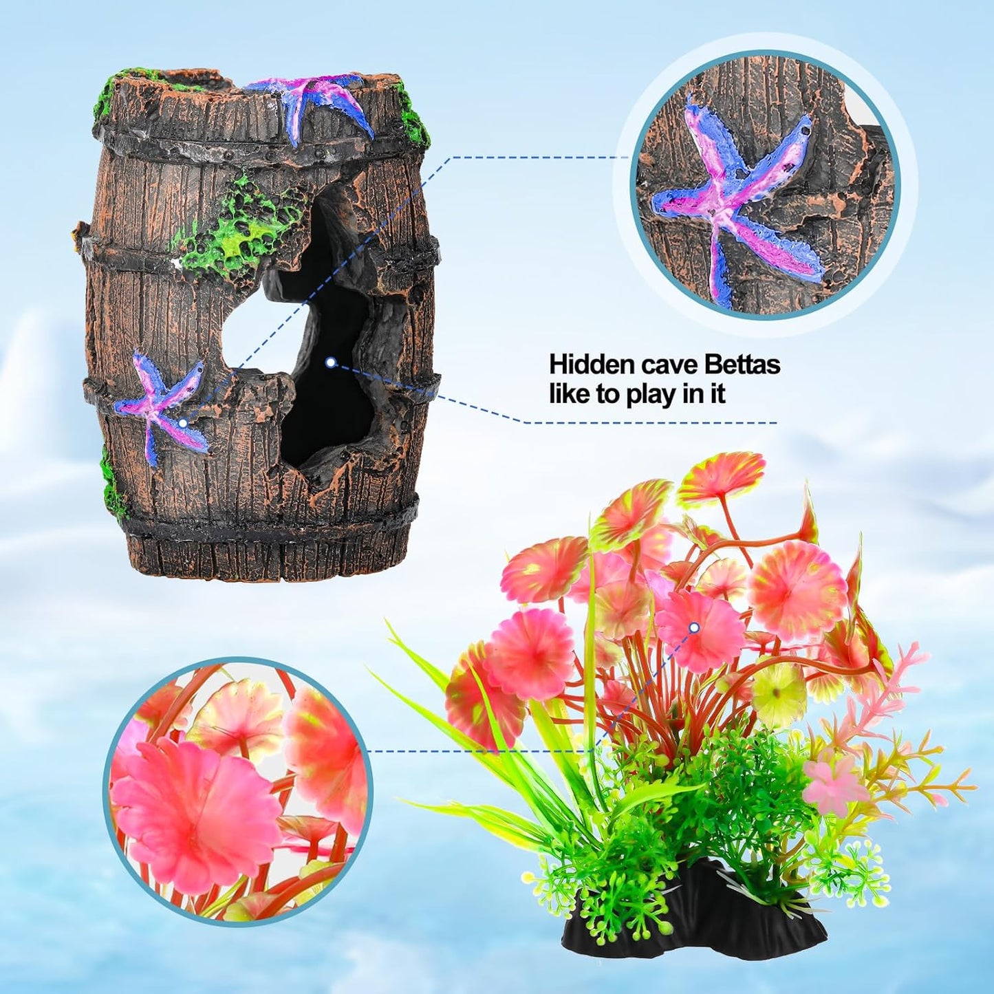 CousDUoBe Fish Broken Barrel Decor Fish Tank Decorations Betta Fish Tank Accessories,Starfish Barrel x 1pc, Aquarium Plants x 8pcs