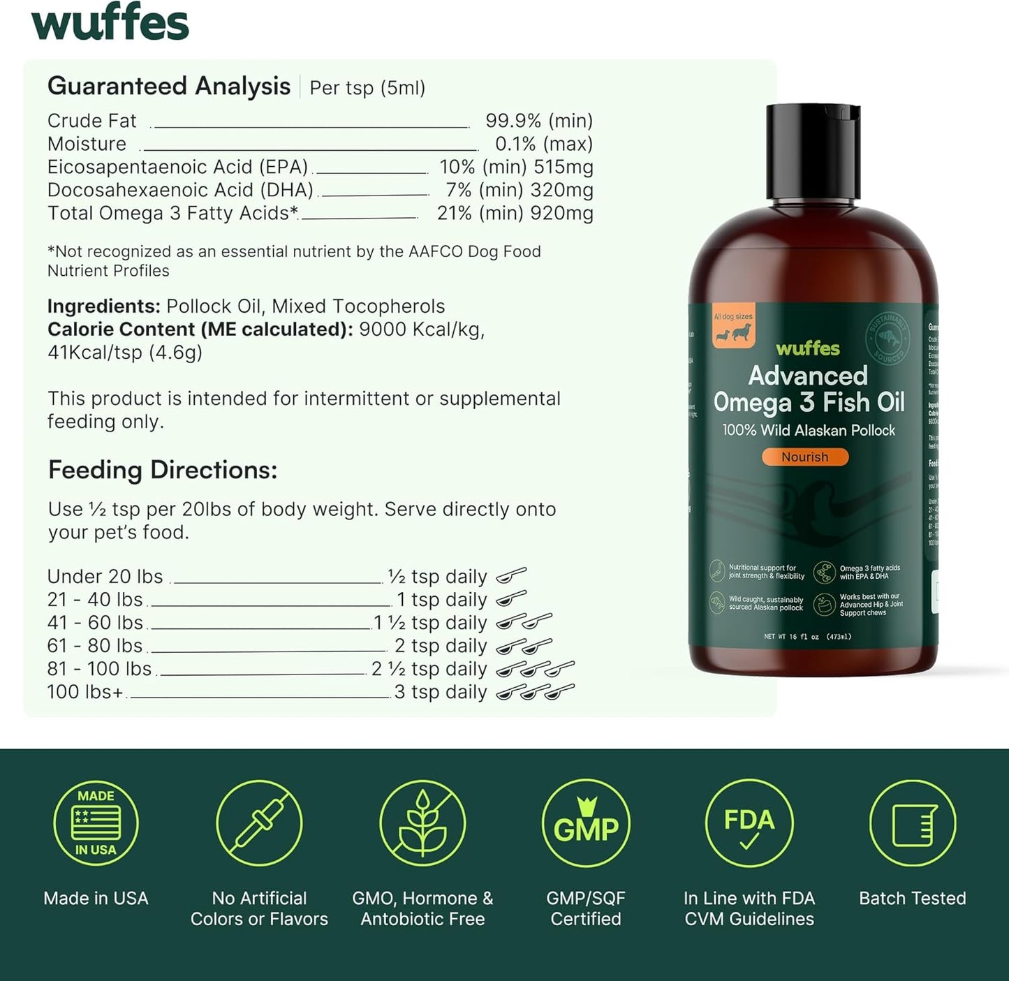 Wuffes Advanced Omega 3 Fish Oil for Dogs, Natural EPA & DHA Fatty Acids, Supports Healthy Skin and Coat, Joint Nutrition, Digestion & Immune System - 100% Pure Wild Alaskan Fish Oil, 16 Oz