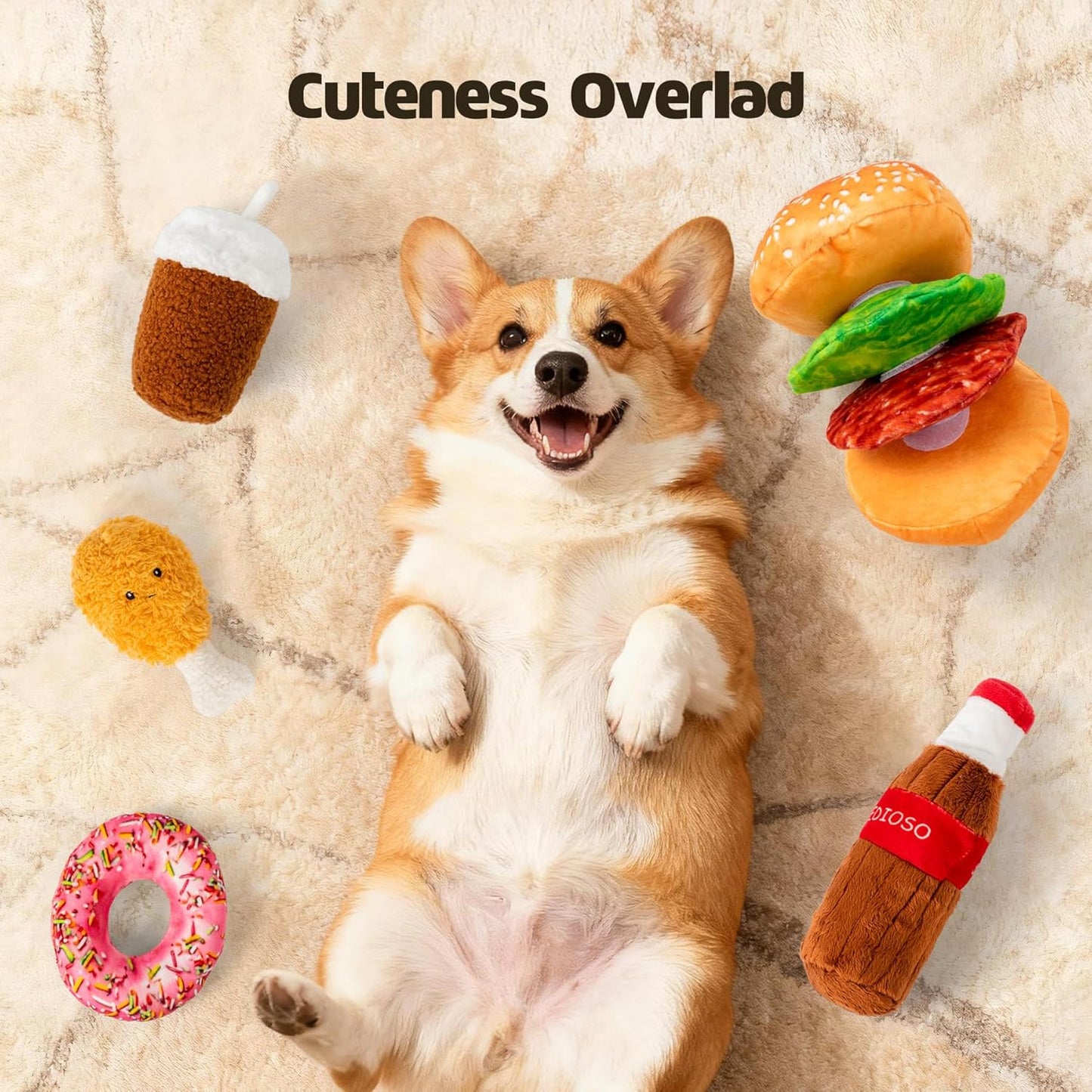 Large Dog Toy Set, 5-Pack Stuffed Dog Chew Toys, Durable Plush Dog Toy, Dogs Squeaky Toys for All Breed(Hamburger Series)