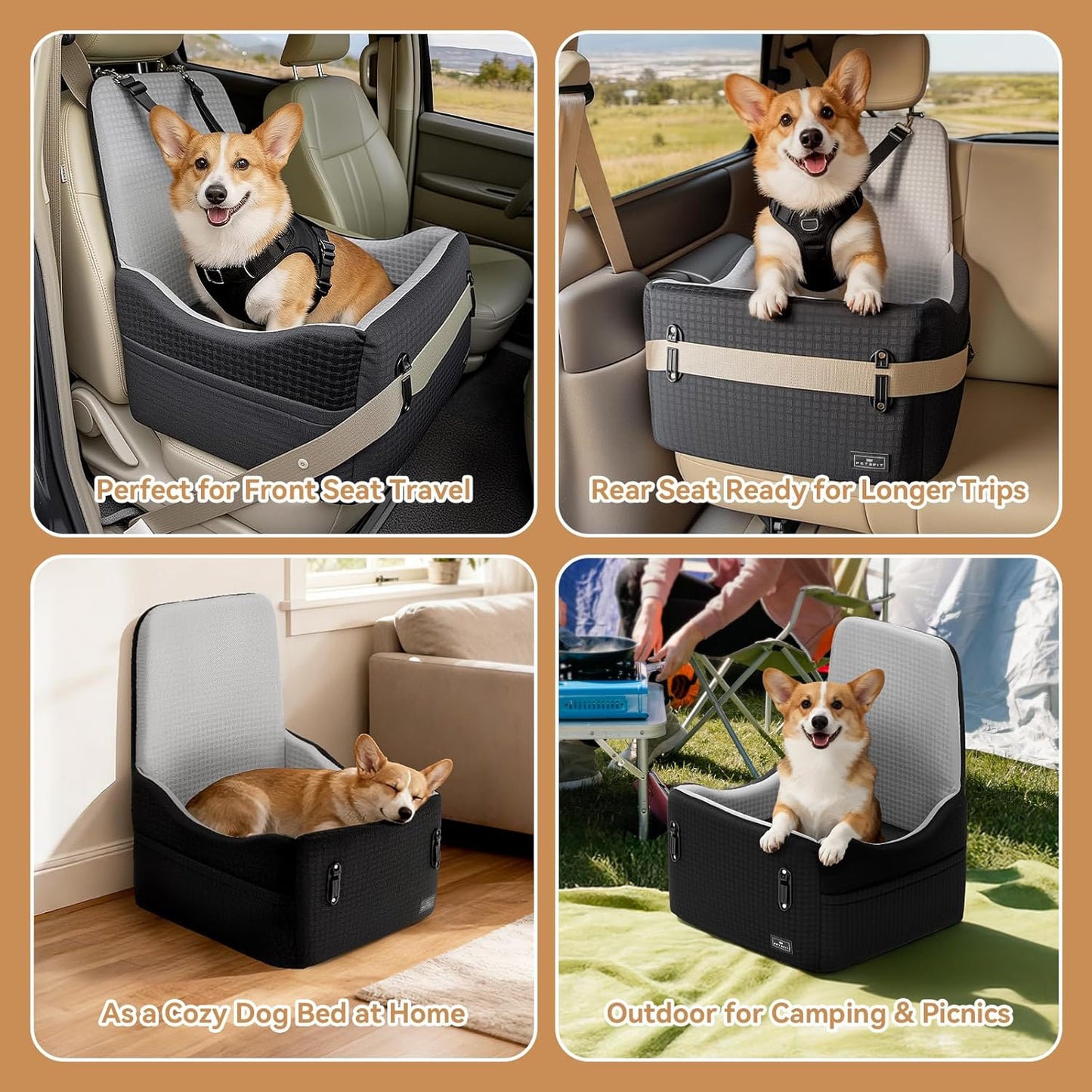 PETSFIT Dog Car Seat for Small/Medium Dogs Up to 35 lbs โ Patented Safety System, 6" Memory Foam Pet Booster Car Seat, Fully Detachable and Washable Dog Carseat with 2 Storage Pockets (Black & Grey)