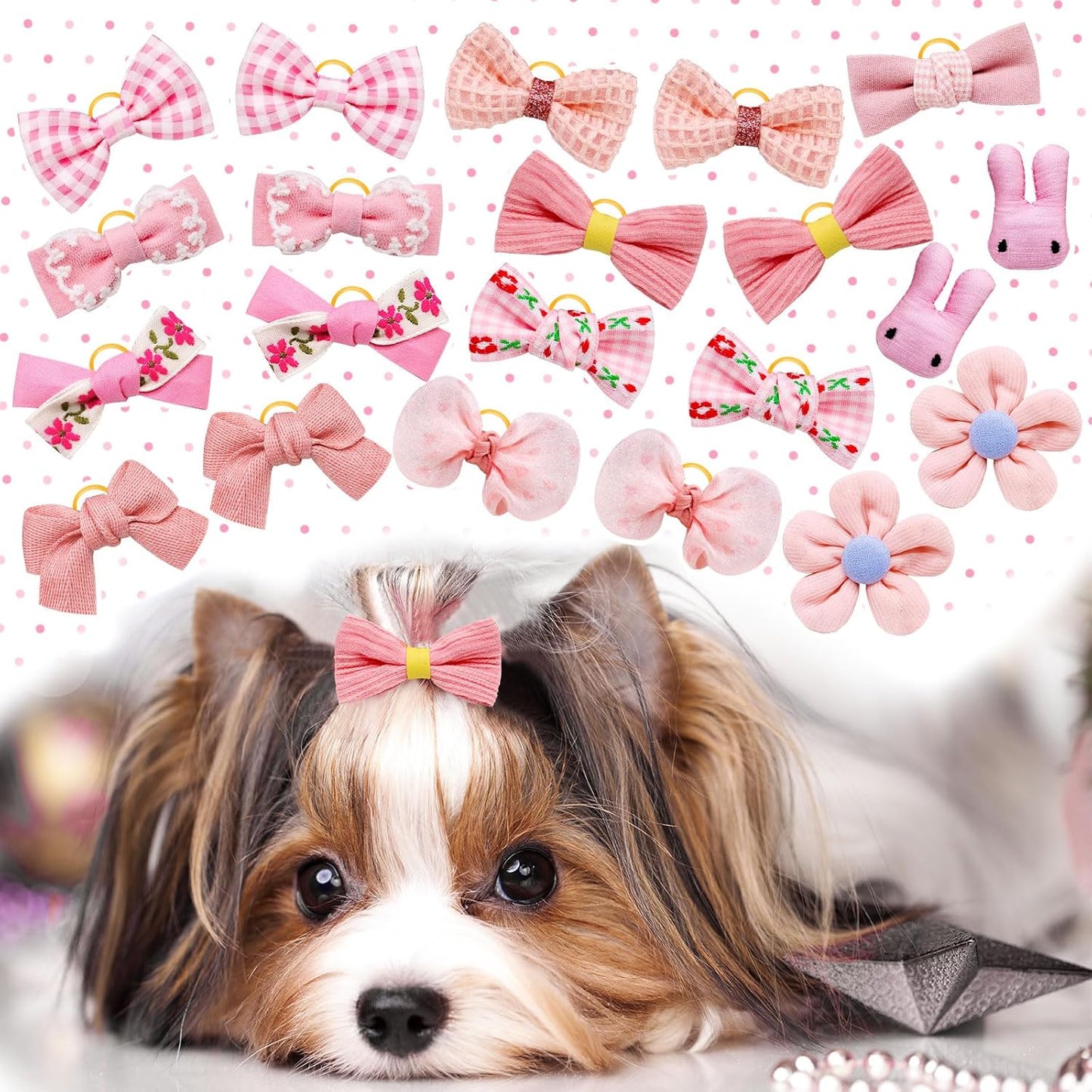 20pc Light Pink Small Dog Hair Bows with Rubber Bands, Flower Ball Bowknot Top Knot for Yorkie Hair Accessories