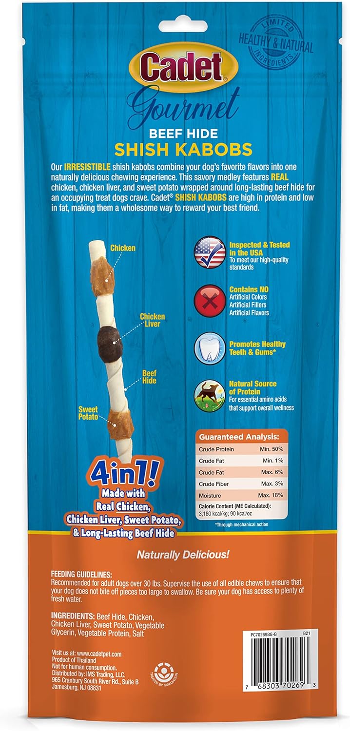 Cadet Gourmet Shish Kabob Dog Treats for Large Dogs, Healthy & Natural Chicken & Sweet Potato Chew Sticks, Beef Hide, Extra Large 10 Inch, 4 Count (Pack of 1)