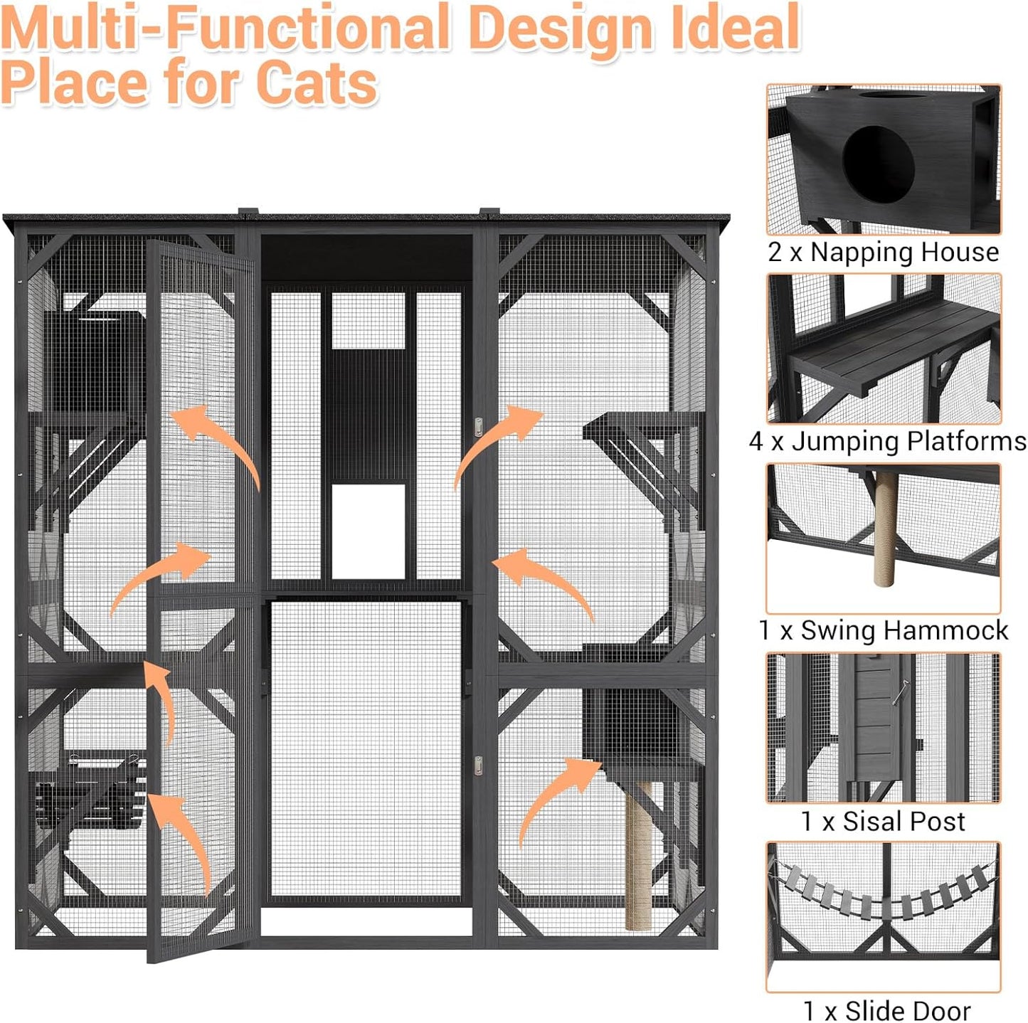 70" Large Wooden Cat Cage with Roof, Multi-Level Cat House with 4 Platforms, Hammock & Scratching Post, Cats Enclosure Window Access for Outdoor & Indoor