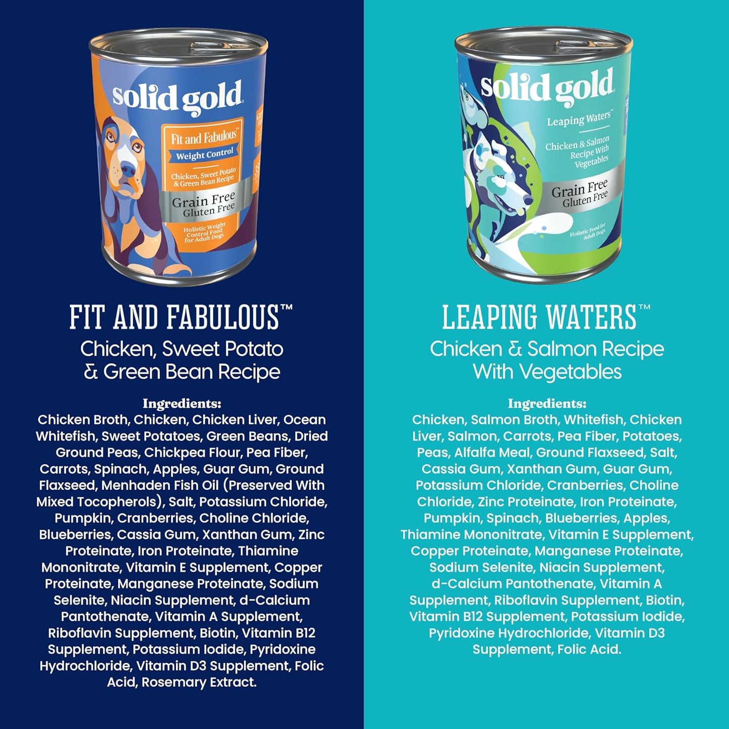 Solid Gold Wet Dog Food Variety Pack for Picky Eaters - Fit & Fabulous Chicken + Leaping Waters Chicken & Salmon Grain Free Canned Dog Food - Made with Real Protein for Sensitive Stomachs - 6 Pack