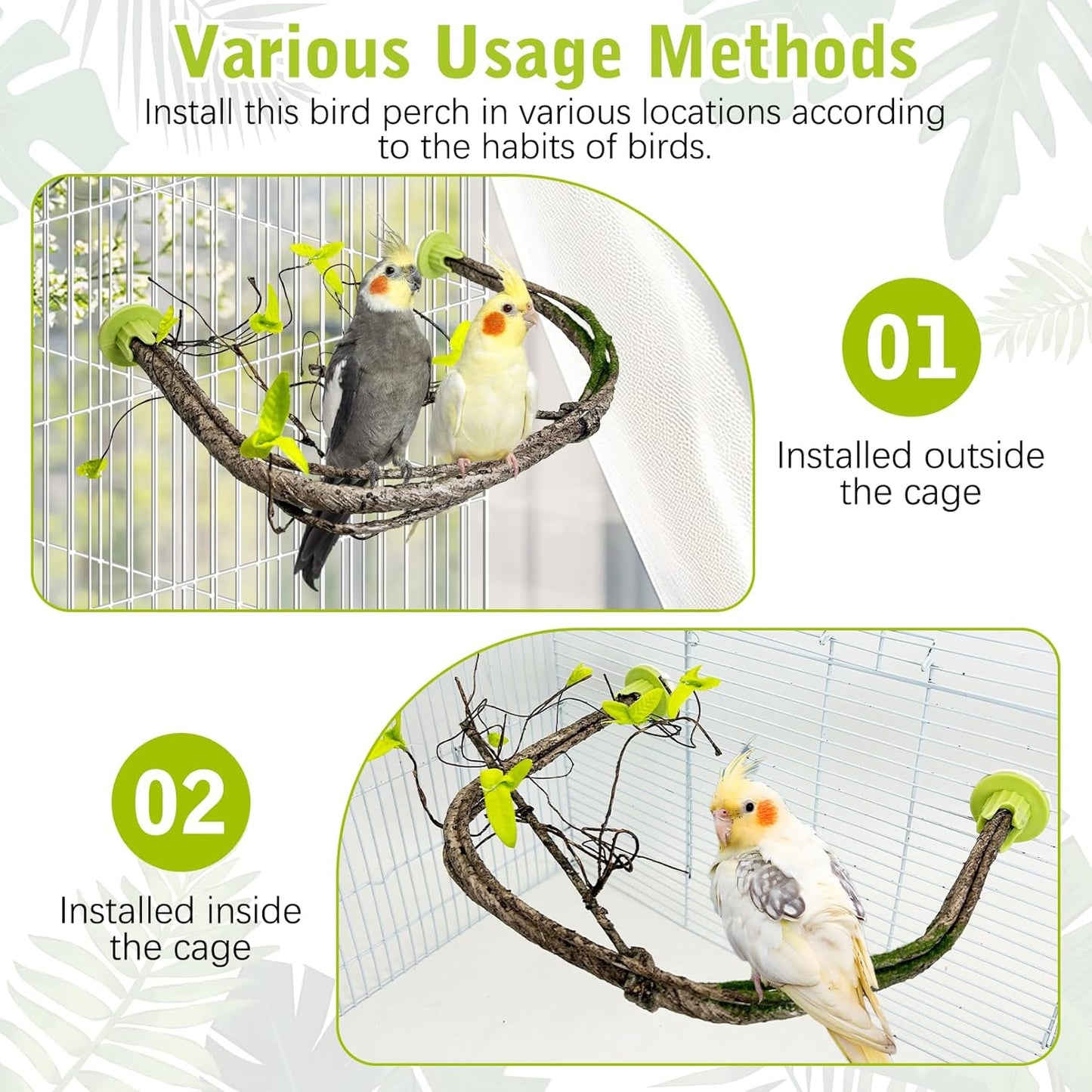 PINVNBY 2 Pcs Bendable Bird Perches & Wooden Perch Simulation Branch Parrot Perch Stand with Green Leaf Hanging Paw Grinding Fork Cage Accessories for Parakeet Budgie Finch Cockatiel Conure (Large)
