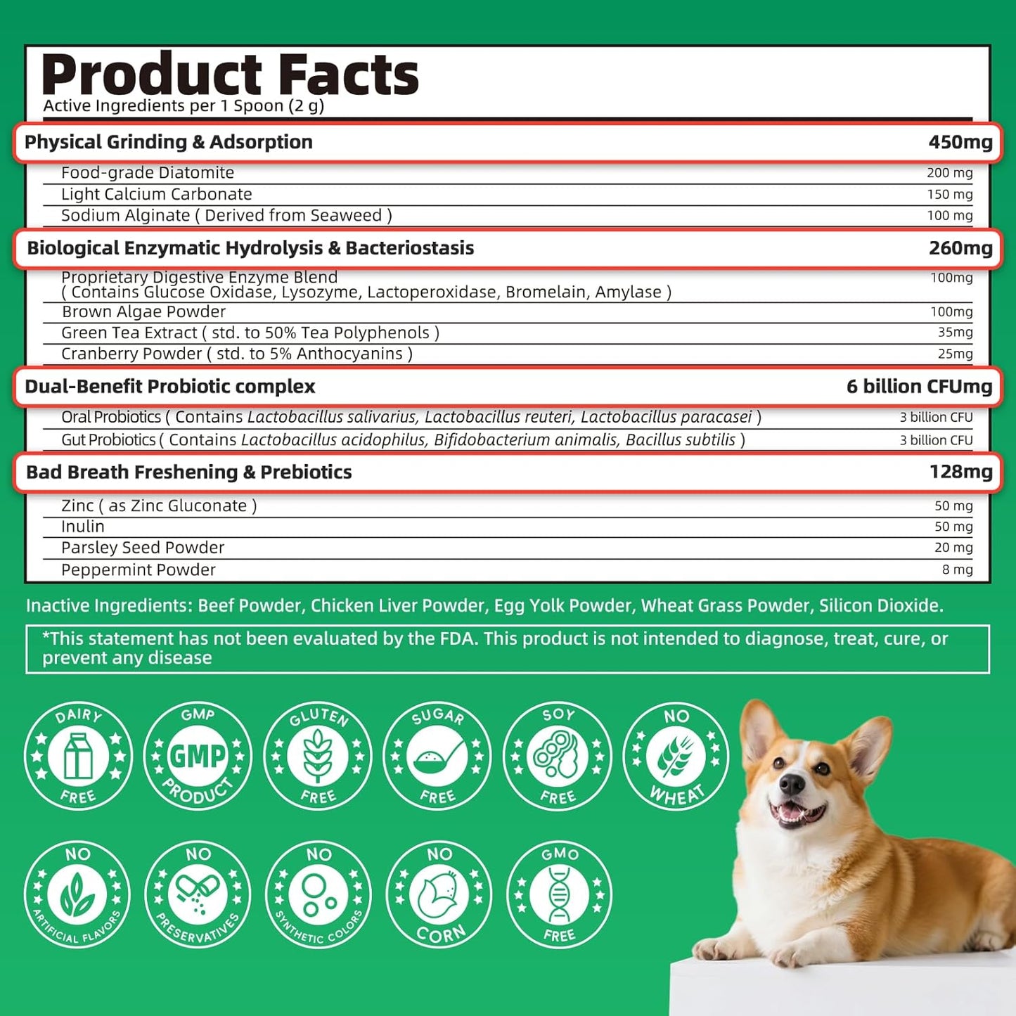 Dog Dental Powder – Teeth Cleaning Powder with 6B CFU Probiotics, Enzymes & Antioxidants, Plaque & Tartar Off, Fresh Breath Support, No Brushing Oral Care, Mint Beef Flavor, 75 Servings