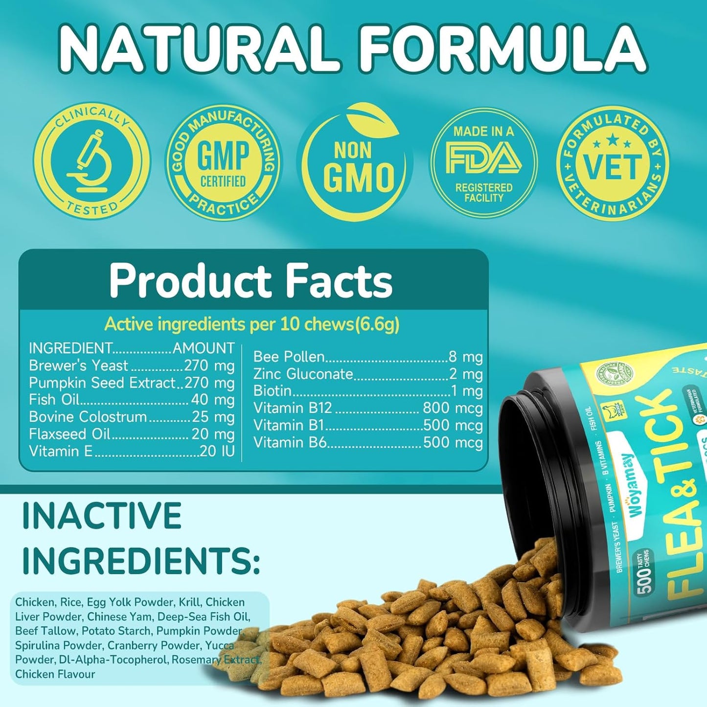 4-IN-1 Flea and Tick Prevention for Dogs, 500 Crunchy Dog Flea Chews, Dog Flea Treatment, Natural Oral Flea Treatment for Dogs, Daily Support for Flea, Skin & Coat, Gut, Immune, Chicken Flavor