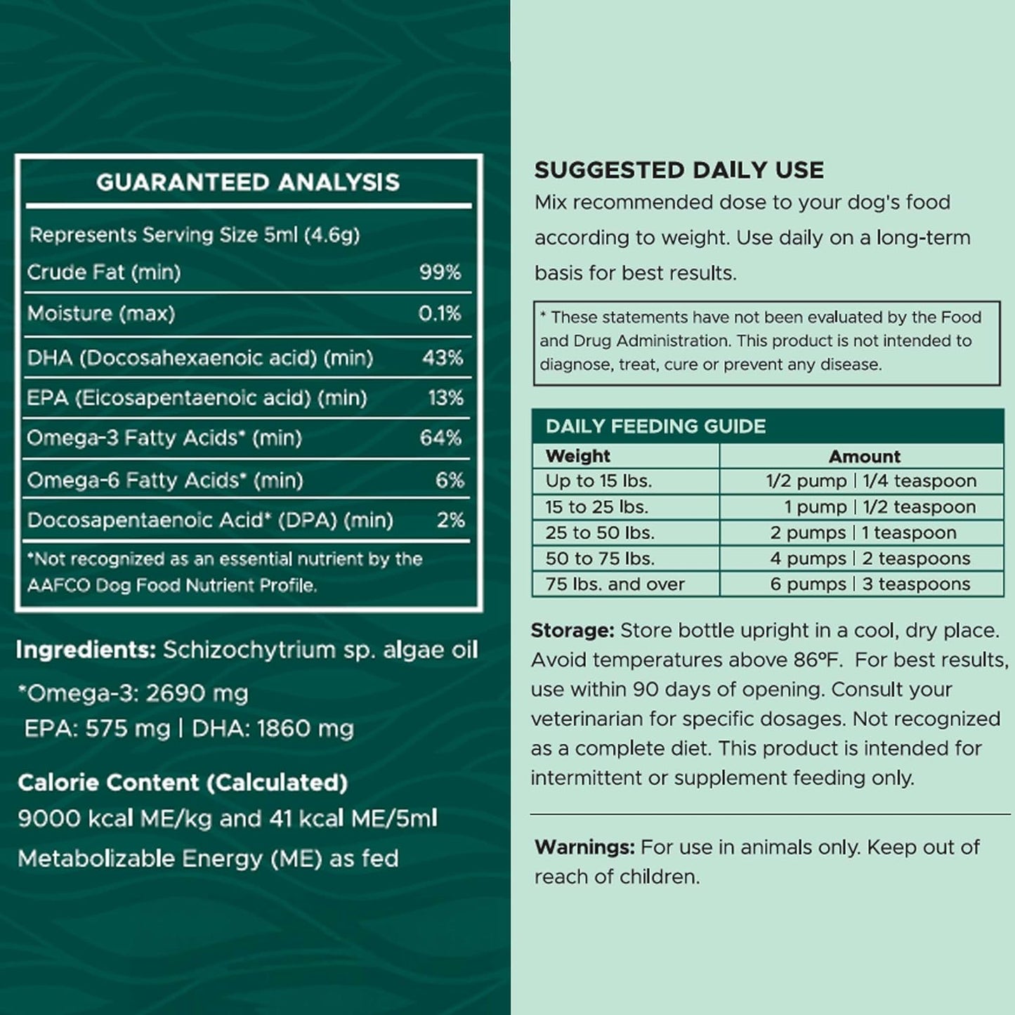 Vegan Omega 3 Oil for Dogs - 4 oz of Fish Free Algae Oil for Healthy Skin and Coat - Made with Omega 3 and 6 Fatty Acids, EPA, DHA, and DPA - Made in The USA