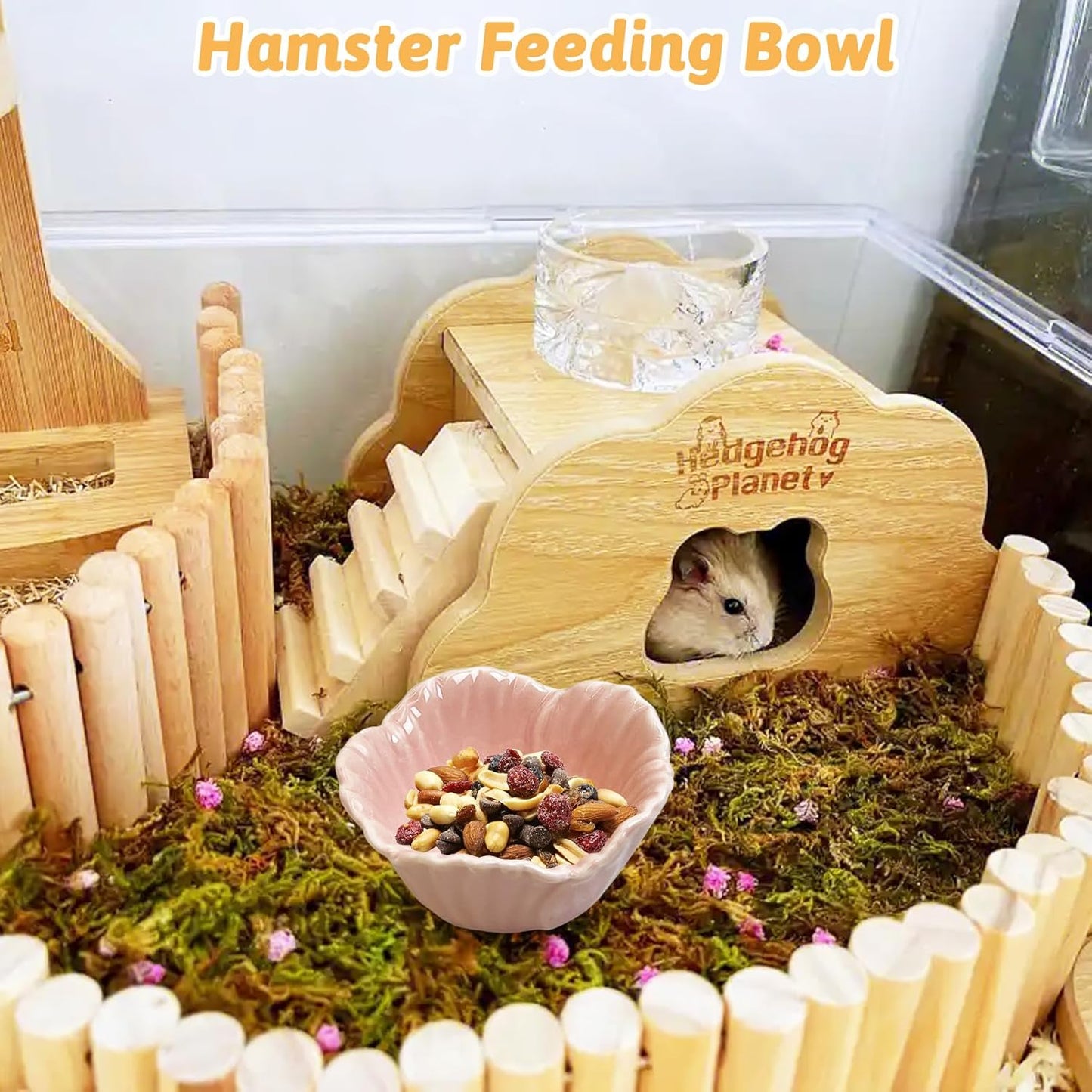2 Pcs Hamster Food Bowl (2.7" D*1.3" H) &Wooden Small Animal Hideout (8" L*4" W*4" H)