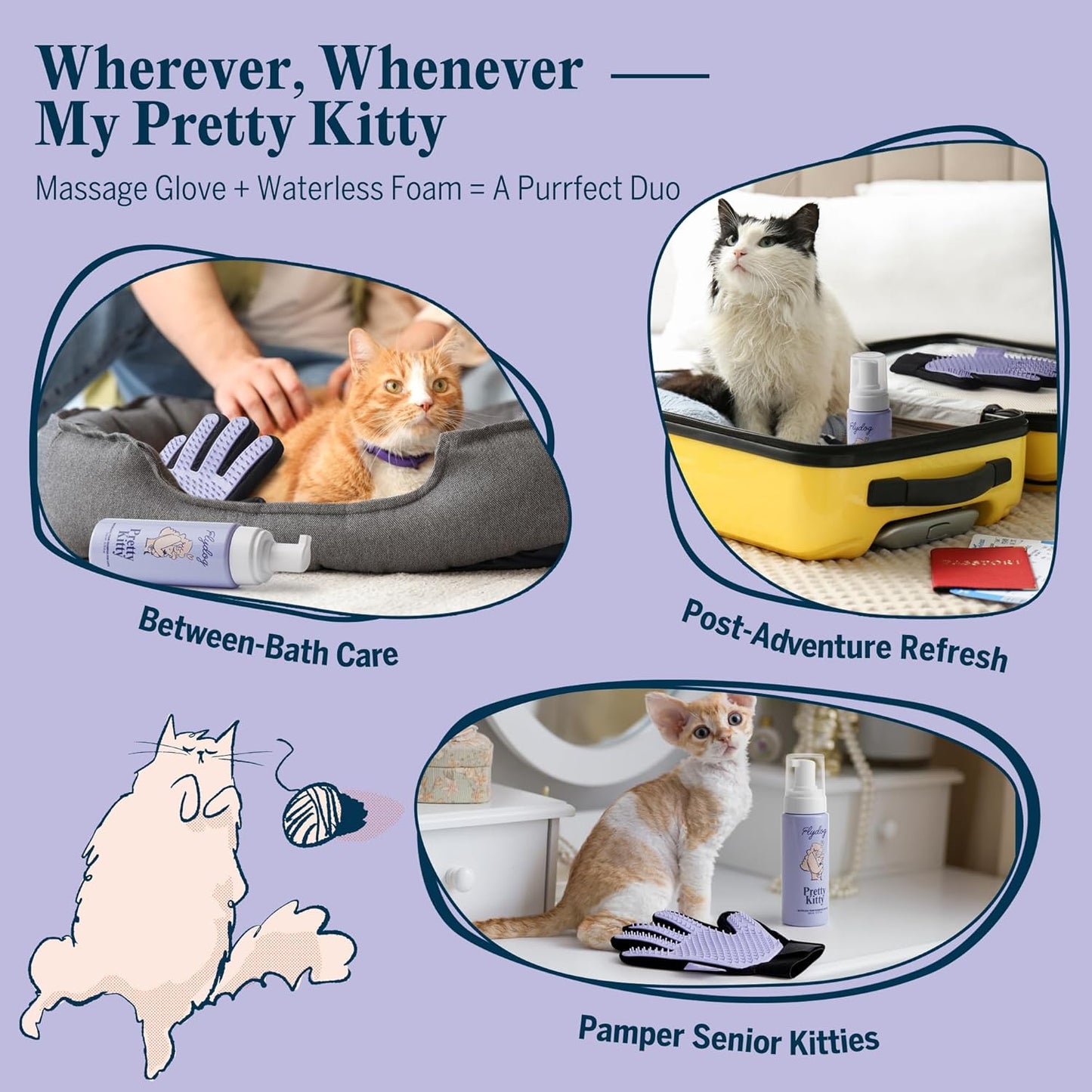 Pretty Kitty Waterless Cat Dry Shampoo with Grooming Glove– No Rinse, Lick-Safe, Moisturizing for Dry Skin, Dandruff, Deshedding, Wash Soap Spray Foam for Kittens, Bathing & Cleaning Supplies