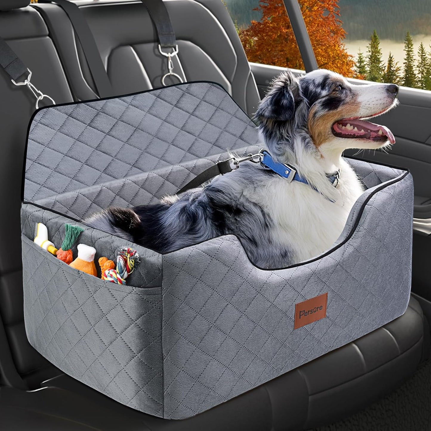 Dog Car Seat for Large-Medium Dogs: Pet Car Seat, Detachable Washable Dog Booster Seat, Pet Travel Bed with Storage Pockets and Dogs Safety Belt (Grey, Large)