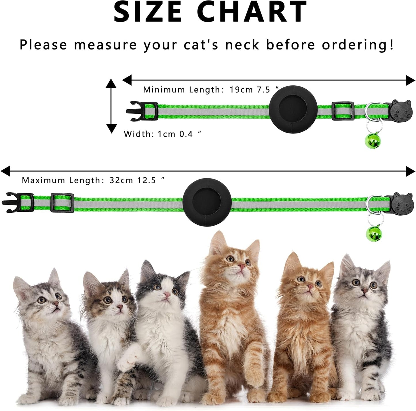 Cat Collar with Air Tag Holder, Reflective Kitten Collar with Bell, Breakaway Airtag Cat Collar for Boys Girls Cats, GPS Tracker for Cats 0.4’’ Width Adjustable Safe Kitty Collar, Light Green