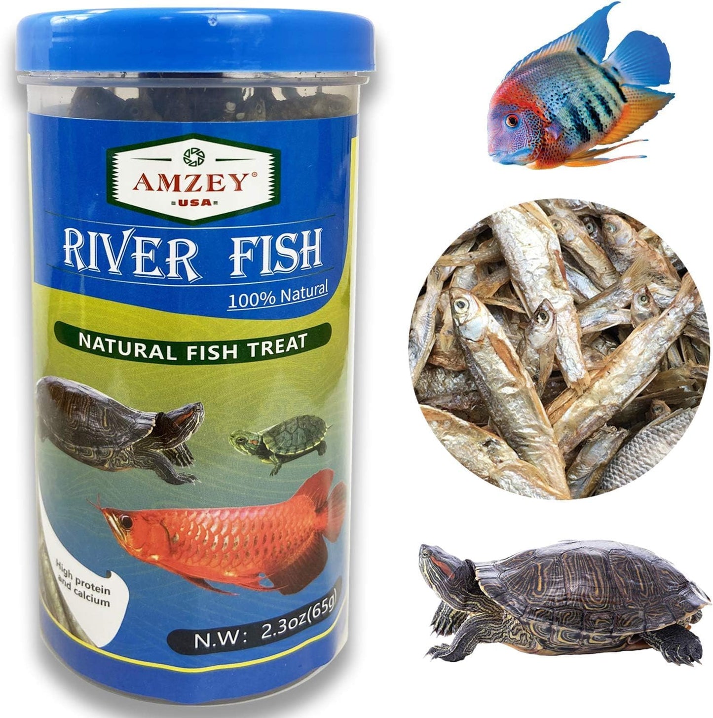 Amzey 2.3 oz Dried River Fish - Natural Food for Turtles, Terrapins, Reptiles and Large Tropical Fish