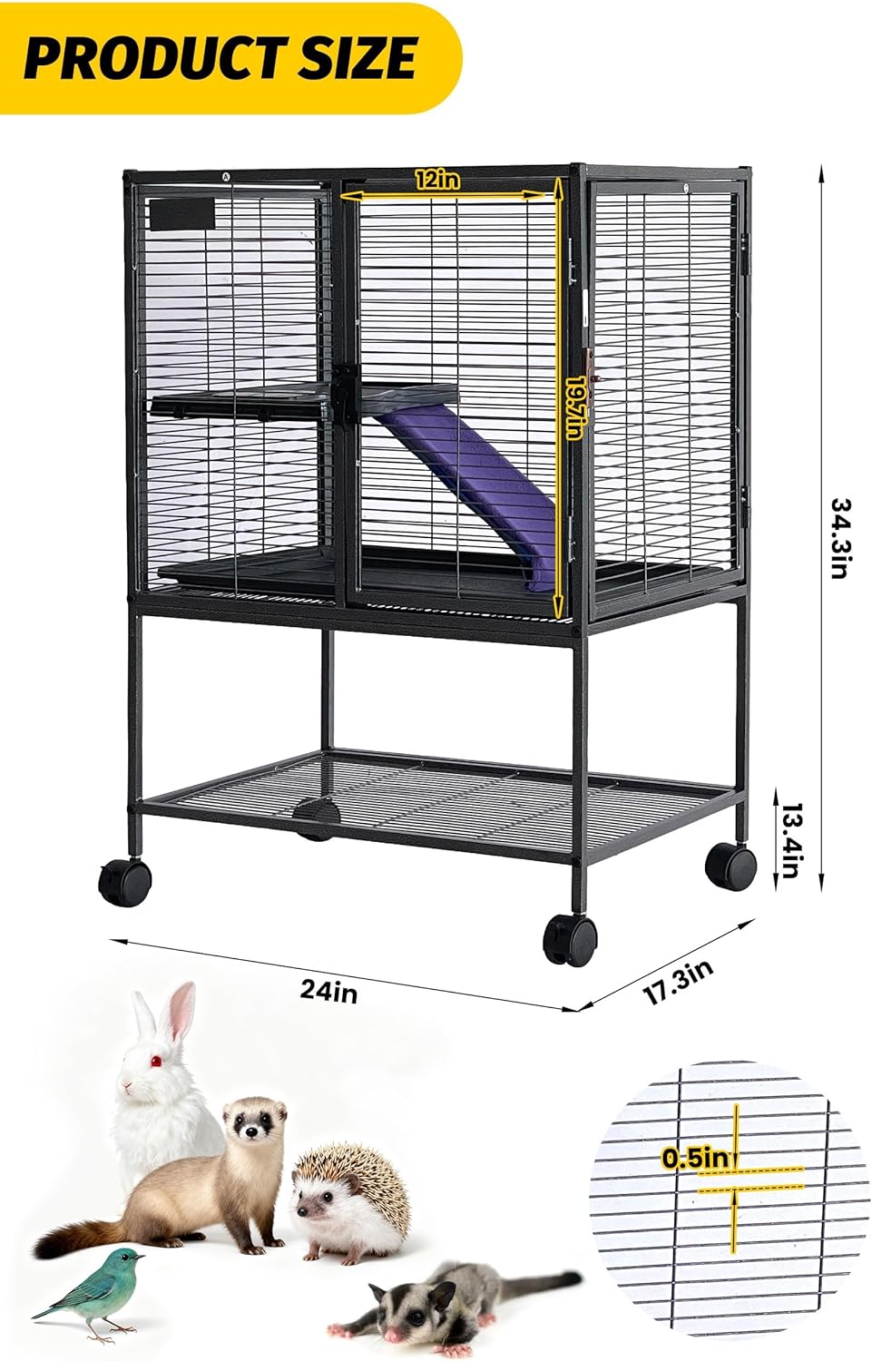 34 Inch High Small Animal Cage for Ferrets, Chinchillas, Hedgehogs - 4 Tier Large Hamster Cage with Removable Ramp, Comfortable Hammock, Extra Storage Stand, and Easy-to-Clean Removable Tray