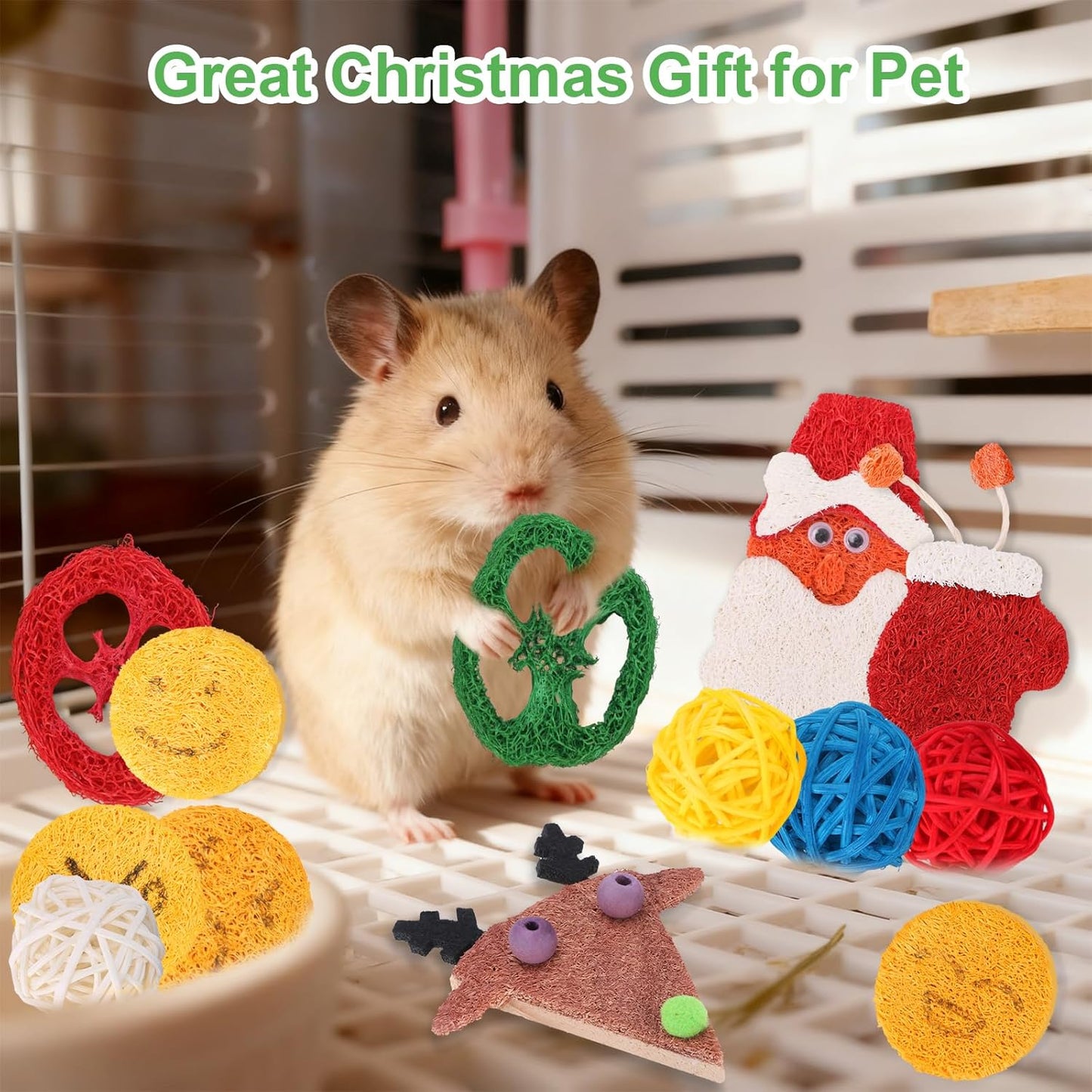 Christmas Bunny Chew Toy, 15 Pcs Natural Loofah Chew Toys for Guinea Pig Kitten Rabbit Hamster Chinchillas Gerbil Budgie,Chew Toys for Teeth & Cage Deco