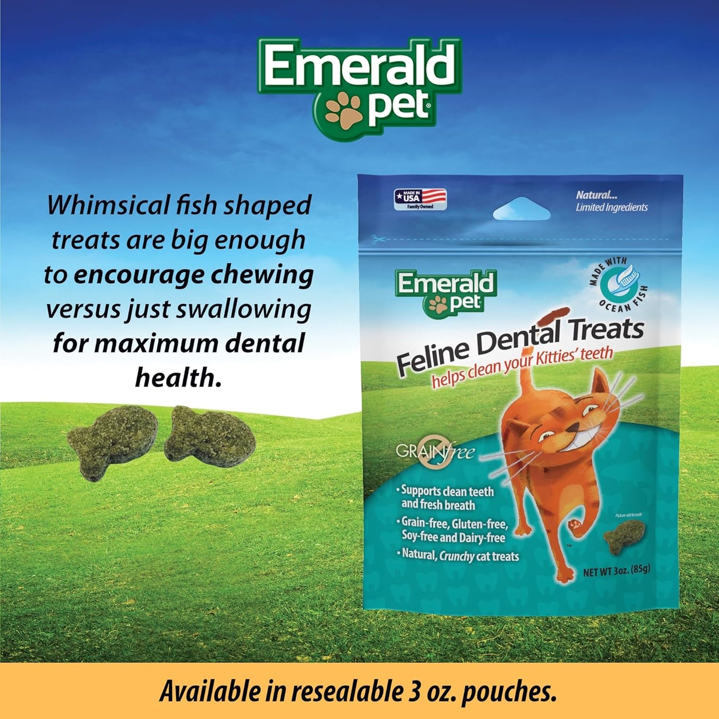 Feline Dental Treats — Tasty and Crunchy Cat Dental Treats Grain Free — Natural Dental Treats to Clean Cat Teeth, Freshen Cat Breath, and Reduce Plaque and Tartar Buildup — Ocean Fish Treats, 3 oz
