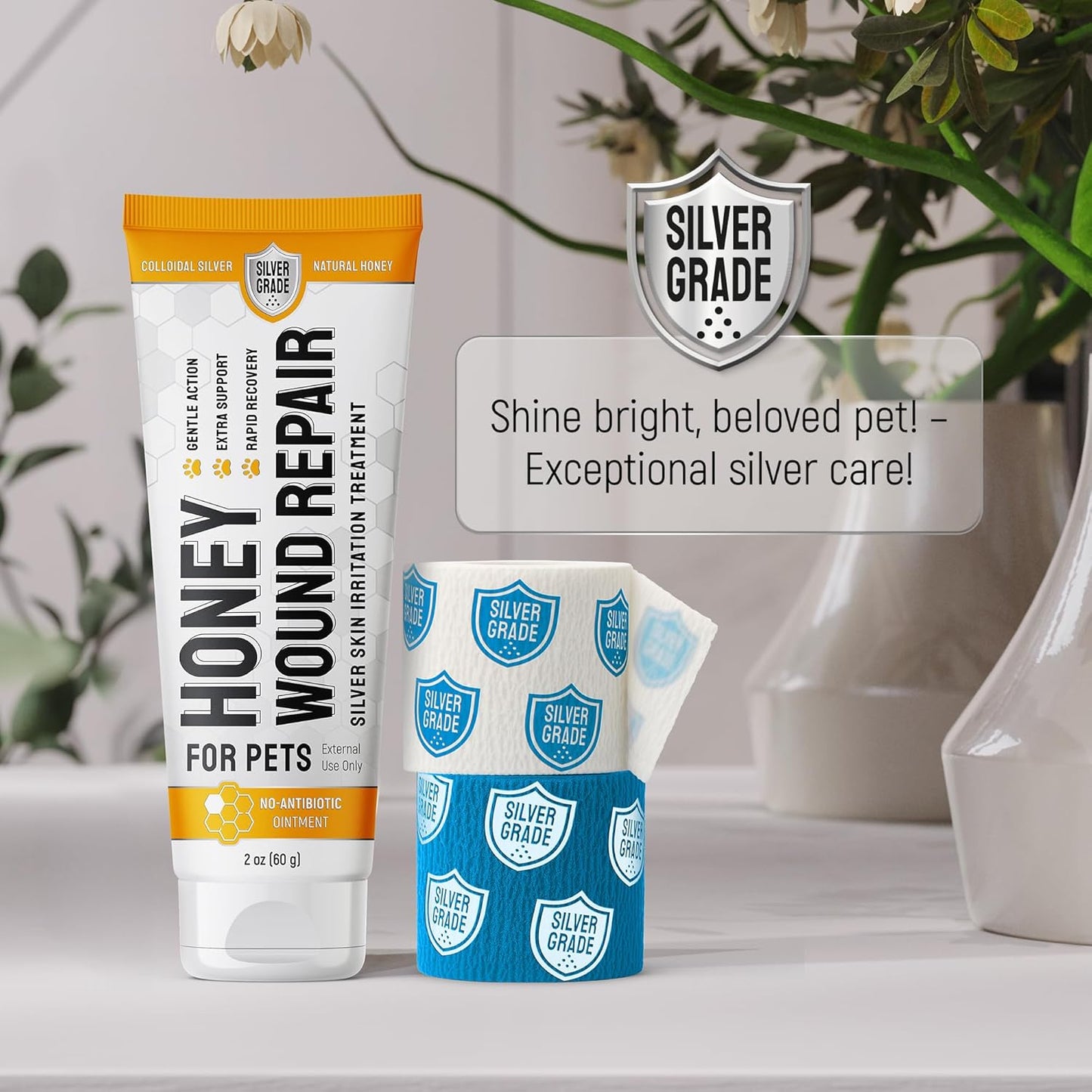 Hot Spot Treatment For Dogs & Cats to Help with Scratches, Cuts, Bites – Set of Honey Wound Repair Ointment in Gel Form + 2 Bandages – Horse & Dog Wound Care with Silver & Honey – All Pets Care – 2 Oz