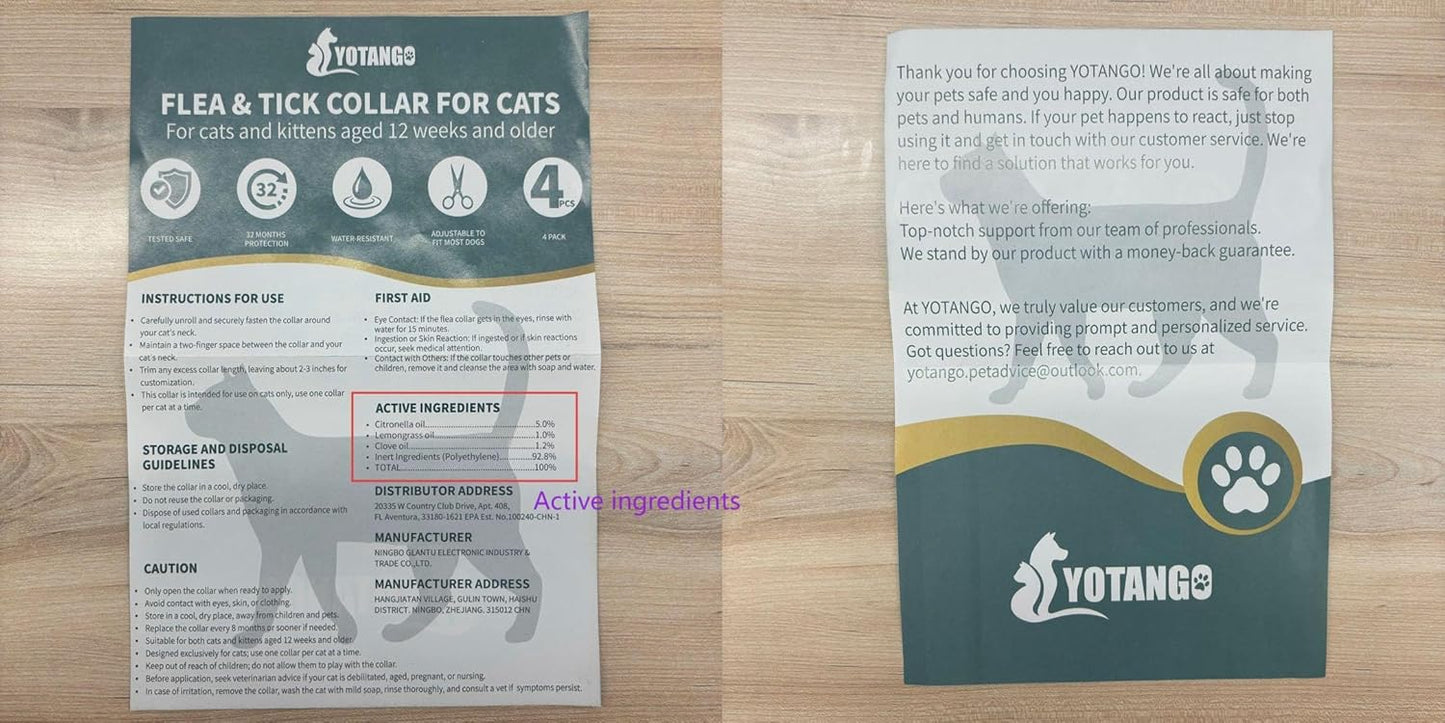 YOTANGO 4 Pack Flea Collar for Cats, 32 Months Flea and Tick Prevention for Cats, Waterproof Cat Fleas Collar, Cat Fleas and Ticks Treatment, Adjustable Tick Collars for Kittens-Black