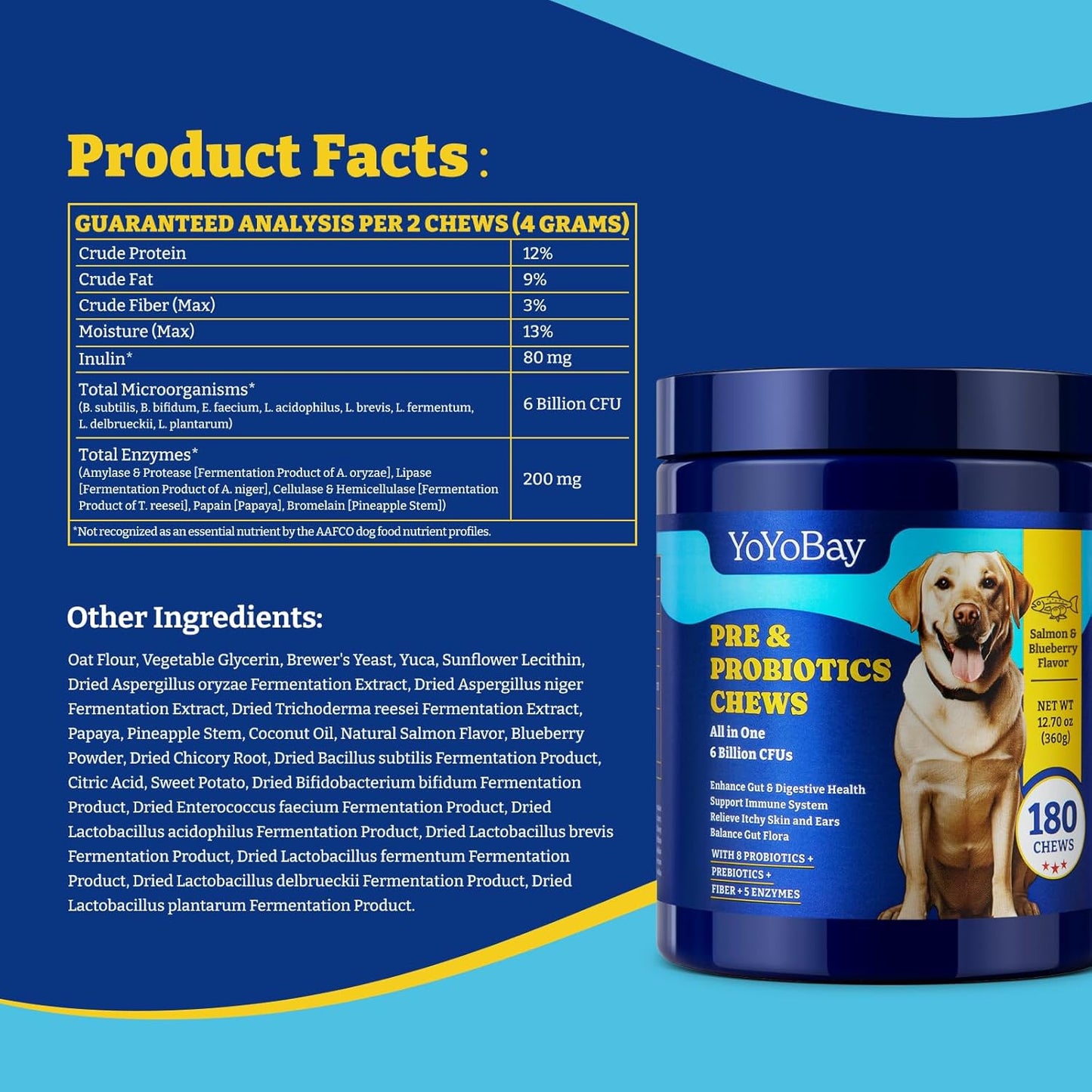 Probiotics for Dogs - Dog Probiotics for Gut, Immune & Skin Health - 6 Billion CFUs, 180 Soft Chews, Salmon & Blueberry Flavor - with Prebiotics & Digestive Enzymes