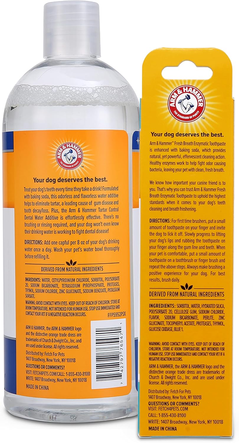 Arm & Hammer for Pets Combo Pack Dental Tartar Control Water Additive and Fresh Breath Vanilla Ginger Enzymatic Toothpaste | Includes 16 Oz Water Additive and 2.5 oz Dog Toothpaste