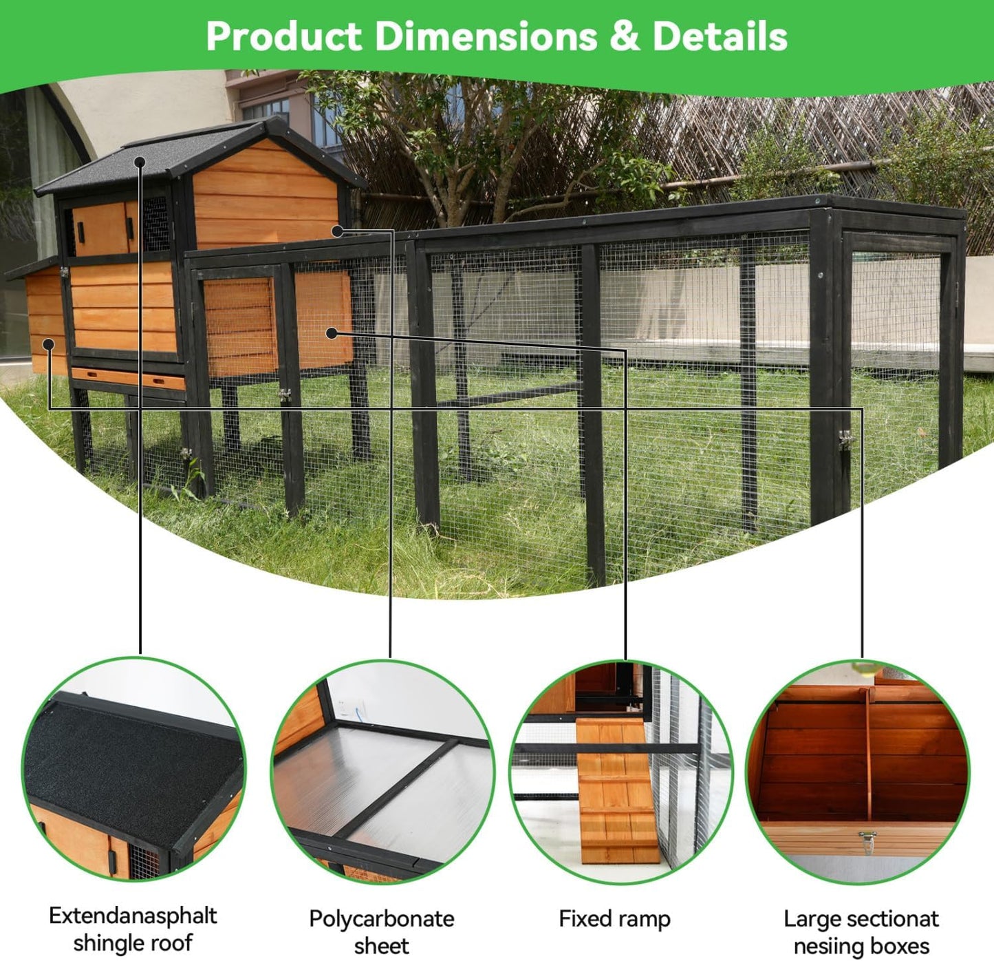 113" Brown+Black Wooden Chicken Coop Wood Brown+Black Fade-Resistant Roof for Backyard Durable Outdoor Poultry Cage