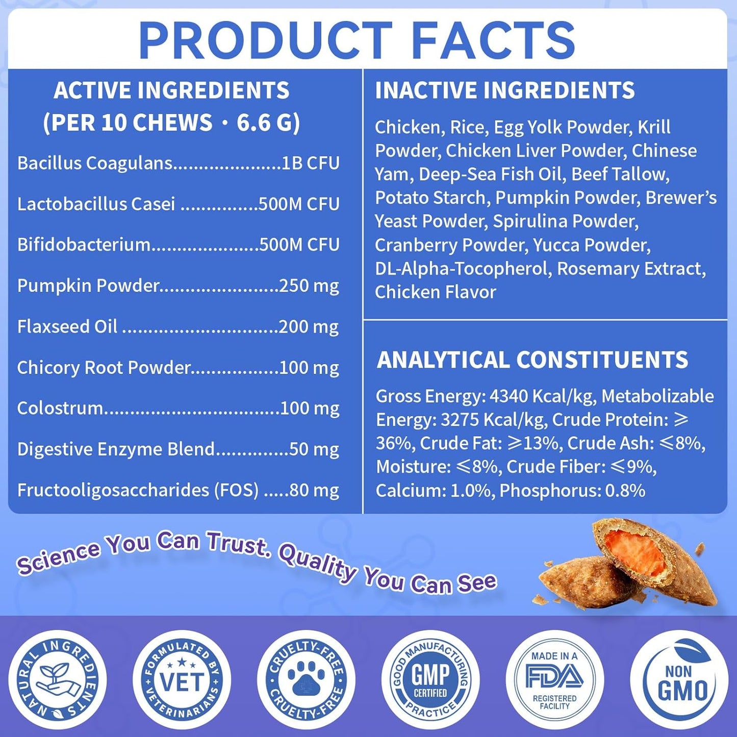 Dog Probiotics Chews 500 Chews, Sensitive Stomach Support Crunchy Shell with Krill Core, Triple Probiotics & Prebiotics, Digestion, Immunity & Skin Care, Chicken Flavor, for All Breeds & Sizes Dogs