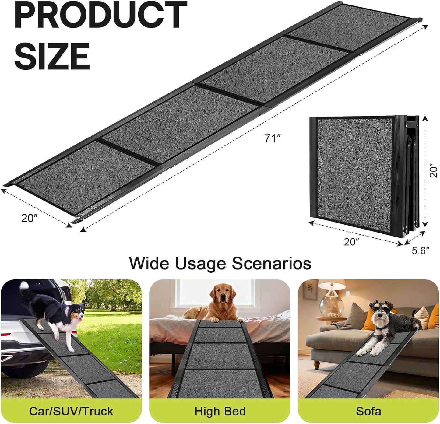𝟕𝟏'' & 𝟐𝟎" Wide Dog Ramp for Large Dogs, Holds 250LBS & Gentle Slope for Joint Care - Dog Car Ramp with Upgrade Non-Slip Surface - Portable Folding Pet Ramps for Senior Pets Enter into SUV, Truck