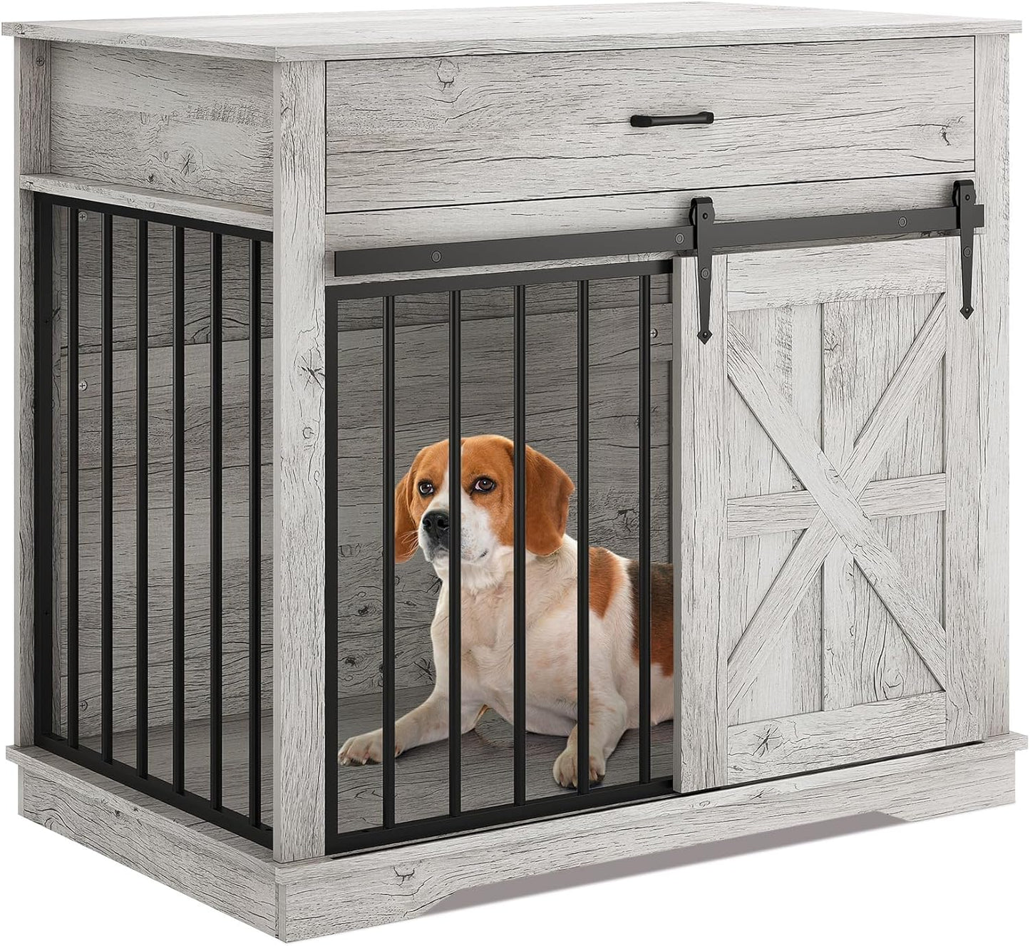 37.8" W Dog Crate Furniture for Small/Medium Dogs, 2-in-1 Iron-Wood Fusion Dog Cage Indoor As Side End Table, Farmhouse Dogs Kennel with Sliding Barn Doors & Storage Drawer, Grey