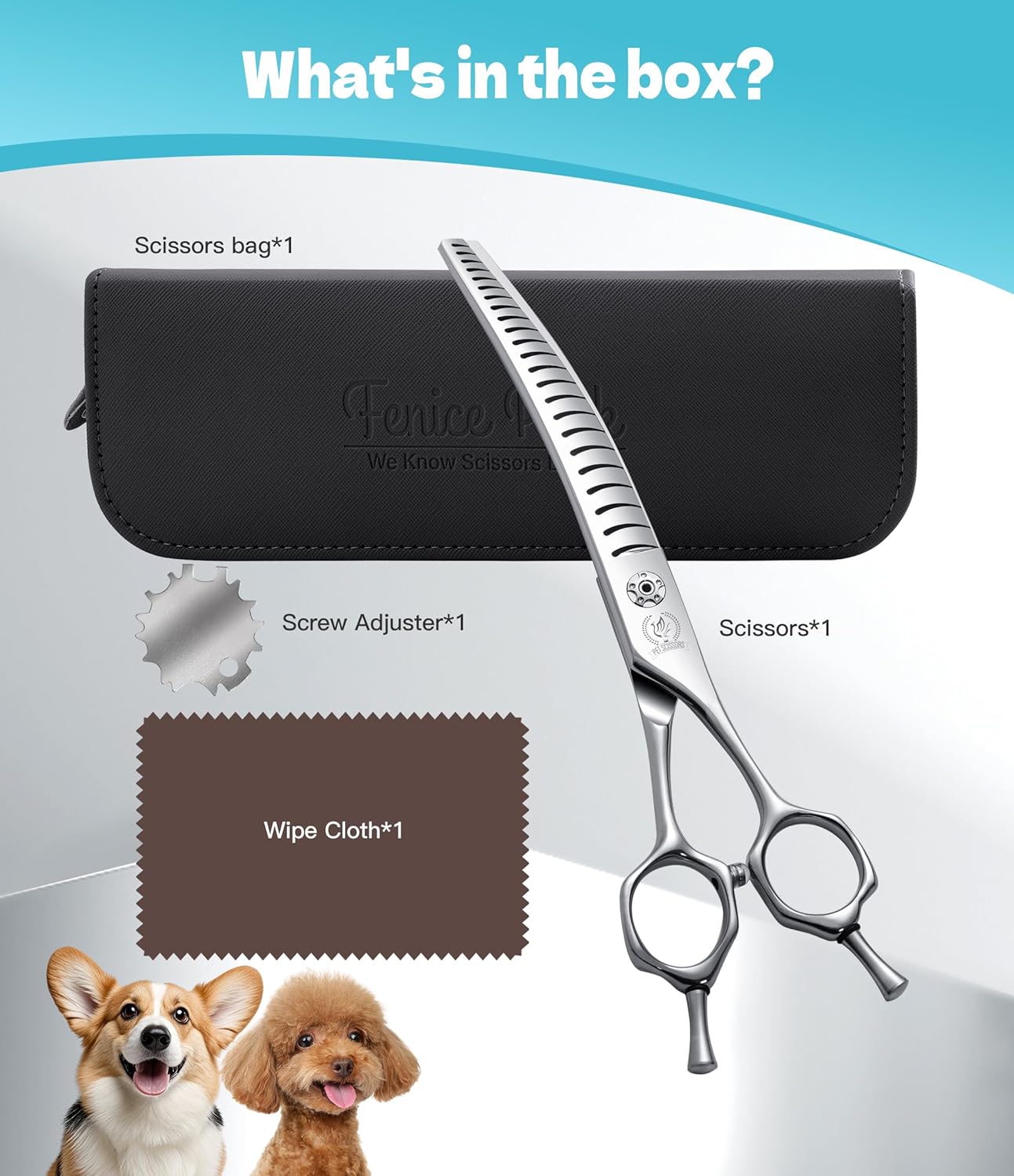 Fenice Peak Professional Dog Grooming Scissors for Thick Coated Dogs - 7 Inch Curved Chunker Shears with 85% Thinning, JP440C Stainless Steel & 25ยฐBlade for Professional Hair Trimming