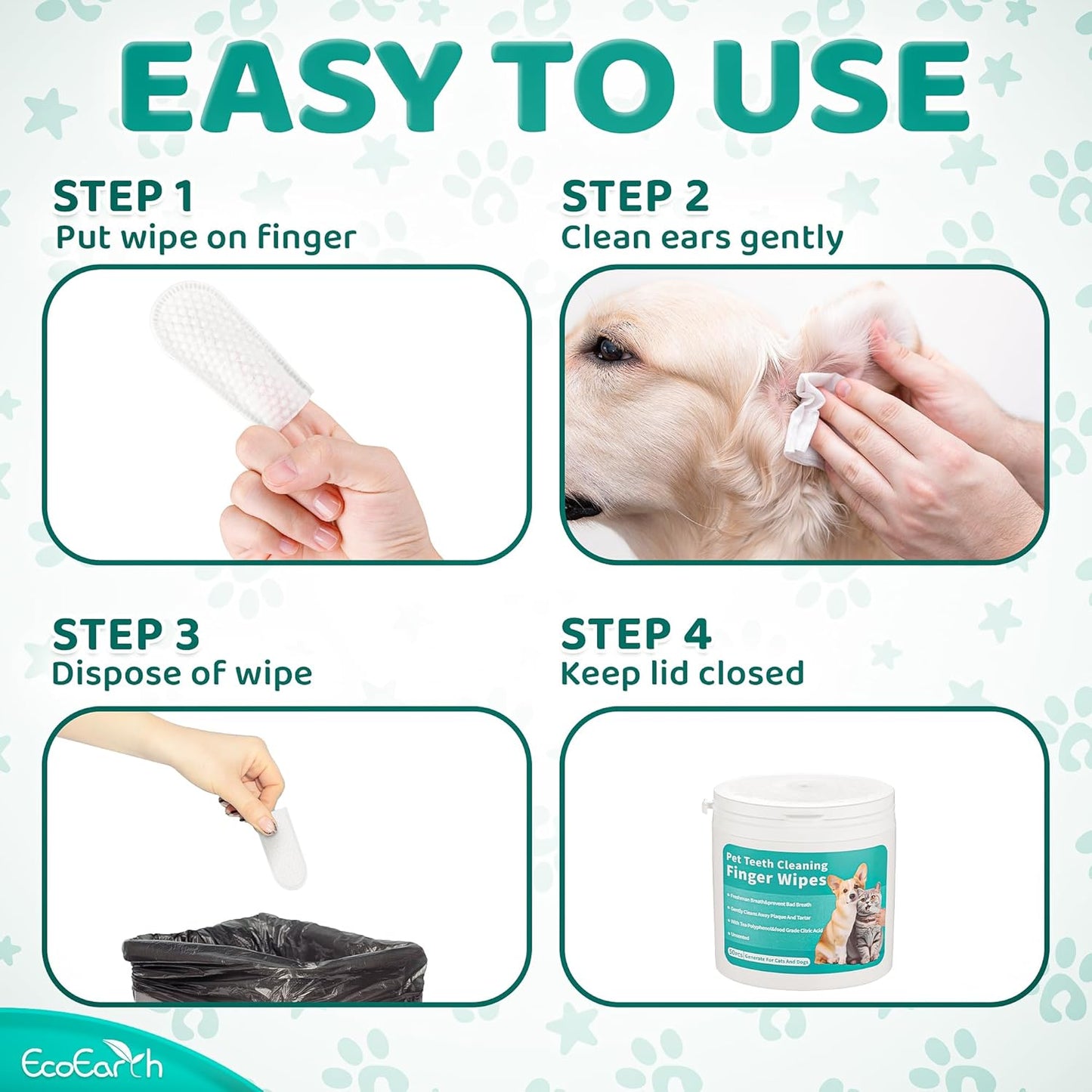 EcoEarth Premium Dog Ear Cleaner Wipes - 50 Pcs - Pet Ear Cleaning Finger Wipes - Pearl-Embossed Texture for Itchy Ear Relief & Infection Protection - Disposable Wipes for Wax & Dirt Removal