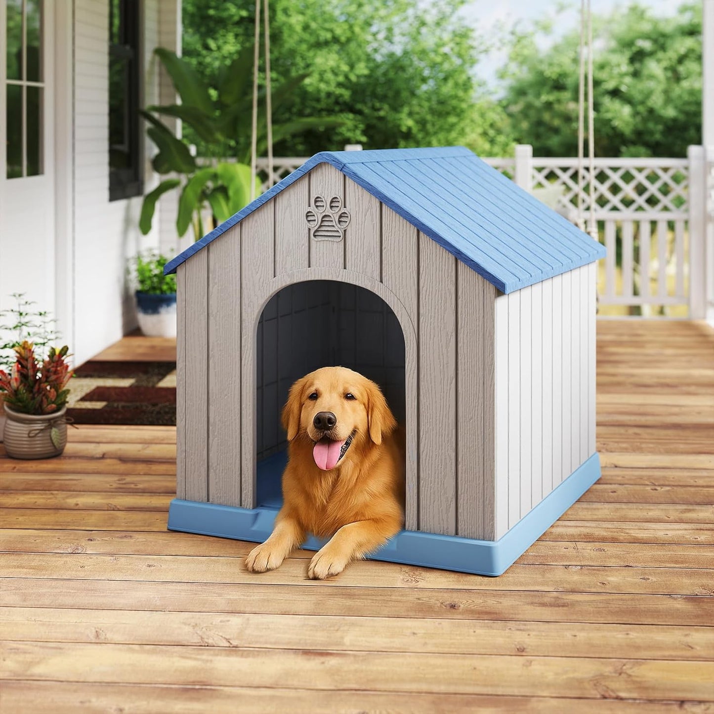 DRATO Large Dog House Indoor Outdoor Waterproof,Puppy Shelter with Air Vents and Elevated Floor,Sturdy Dog Kennel for Small to Large Sized Dogs, Easy to Assemble (Blue, 38.62Ă36.26Ă38.07 Inches)