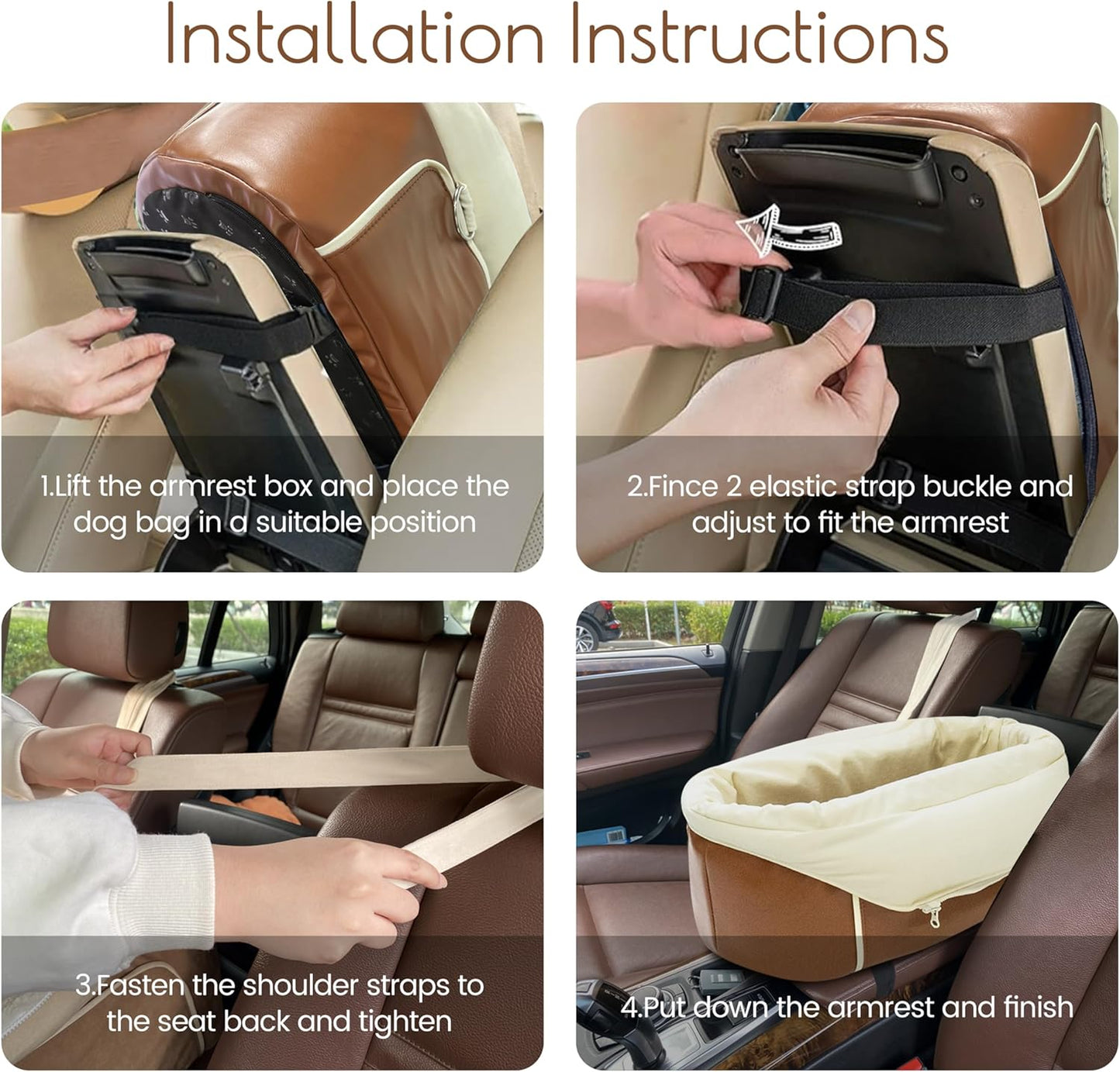 Dog Car Seat for Small Dogs, Washable Dogs Bed with Non-Slip Base, Waterproof Dog Booster Seat for Car with Storage Pockets, Pet Carseat Puppy Travel Carrier Bed (Brown)