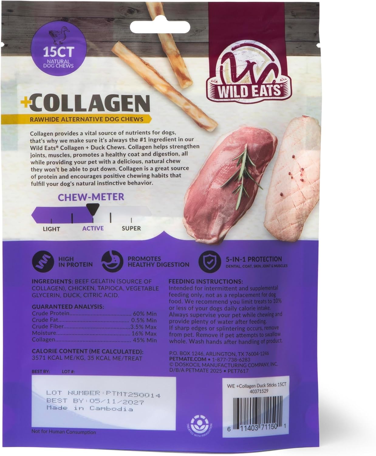 Wild Eats Real Duck Collagen Retriever Sticks for Dogs, (15 Count) - Long Lasting Dog Chew Treat, Rawhide Free, Low Fat, High Protein, Grain Free