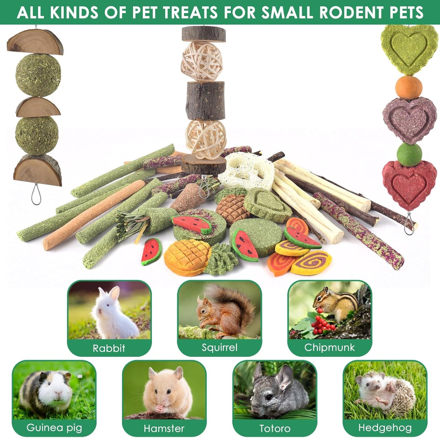 KATUMO 38 PCS Rabbit Chew Toys with 3 Types of Strung Hanging Toys, Natural Bunny Teeth Care Chew Kit Apple Wood Sweet Bamboo Grass Timothy Sticks for Guinea Pig, Hamster, Chinchilla, Small Animals
